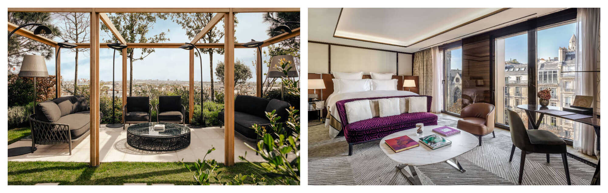 Left: An outdoor patio with wooden frames, brown sofas, white flooring, and green lawn with panoramic views of Paris from the Bulgari hotel. Right: A huge bedroom with white walls, beige carpet floors, and floor-to-ceiling windows with views of Paris.