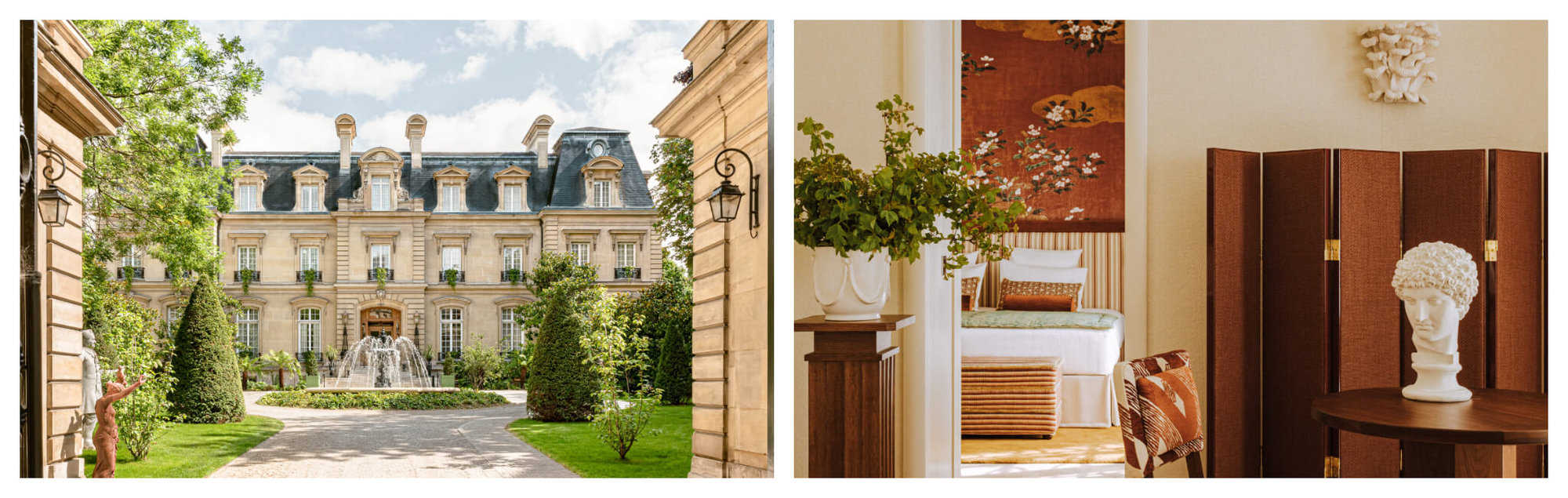 Left: An entrance to a chateau with zinc gray roof and a fountain in the middle. Right: A bedroom with wooden furnitures and beige walls.