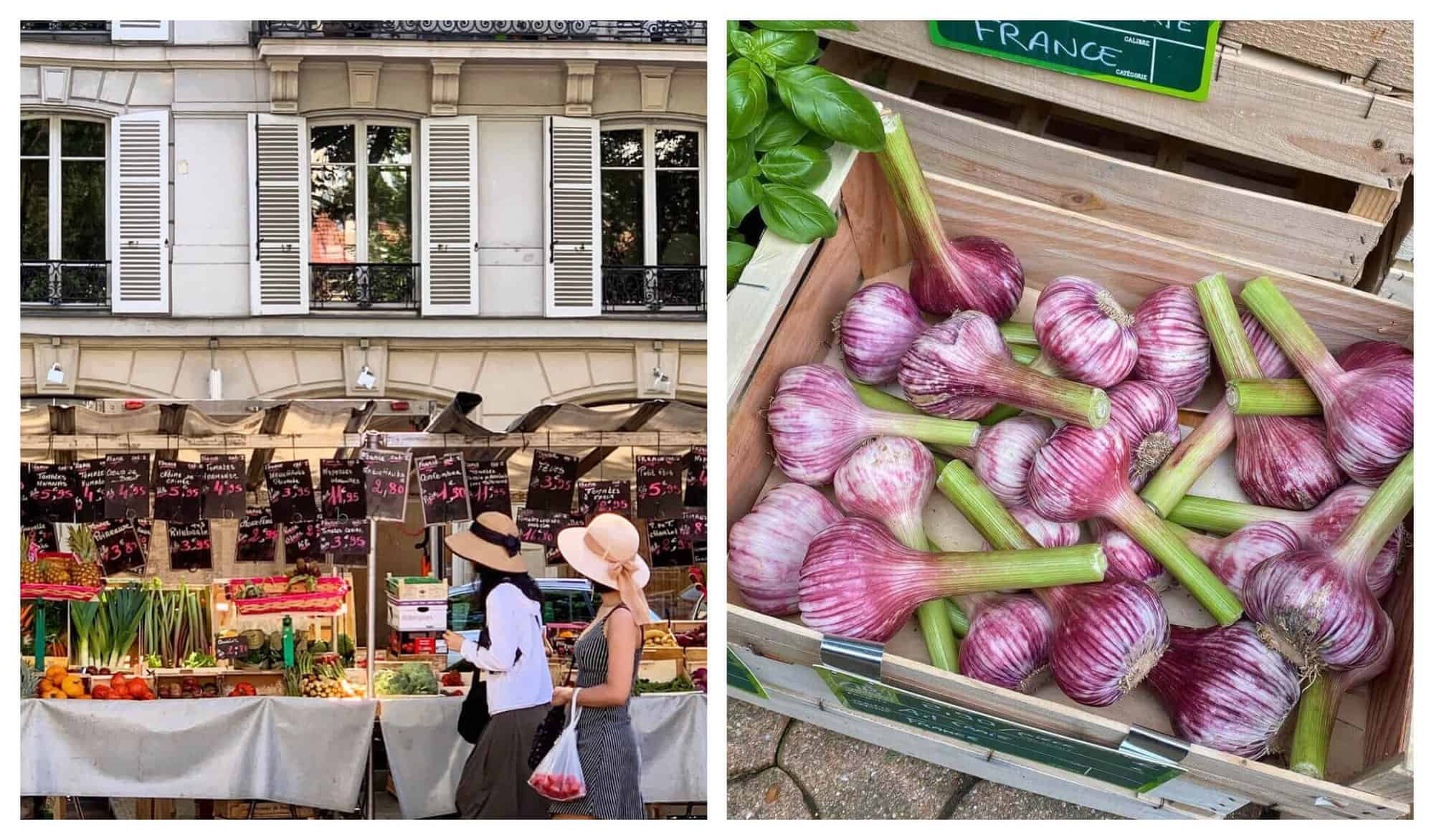Left: Two women with straw hats walk past a street market in Paris. Left: A box full of reddish garlic for sale at a French market.
