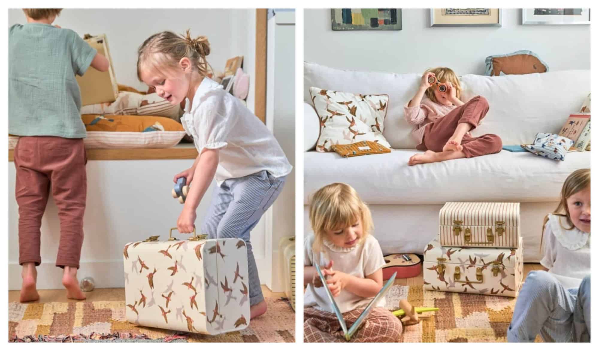 Left: A girl picks up a suitcase that is printed with birds on it while a boy with his back to the camera stands on his toes. Right: Three children are playing together. Two are sitting on the floor and the third is sitting on a white couch looking through a pair of orange binoculars.