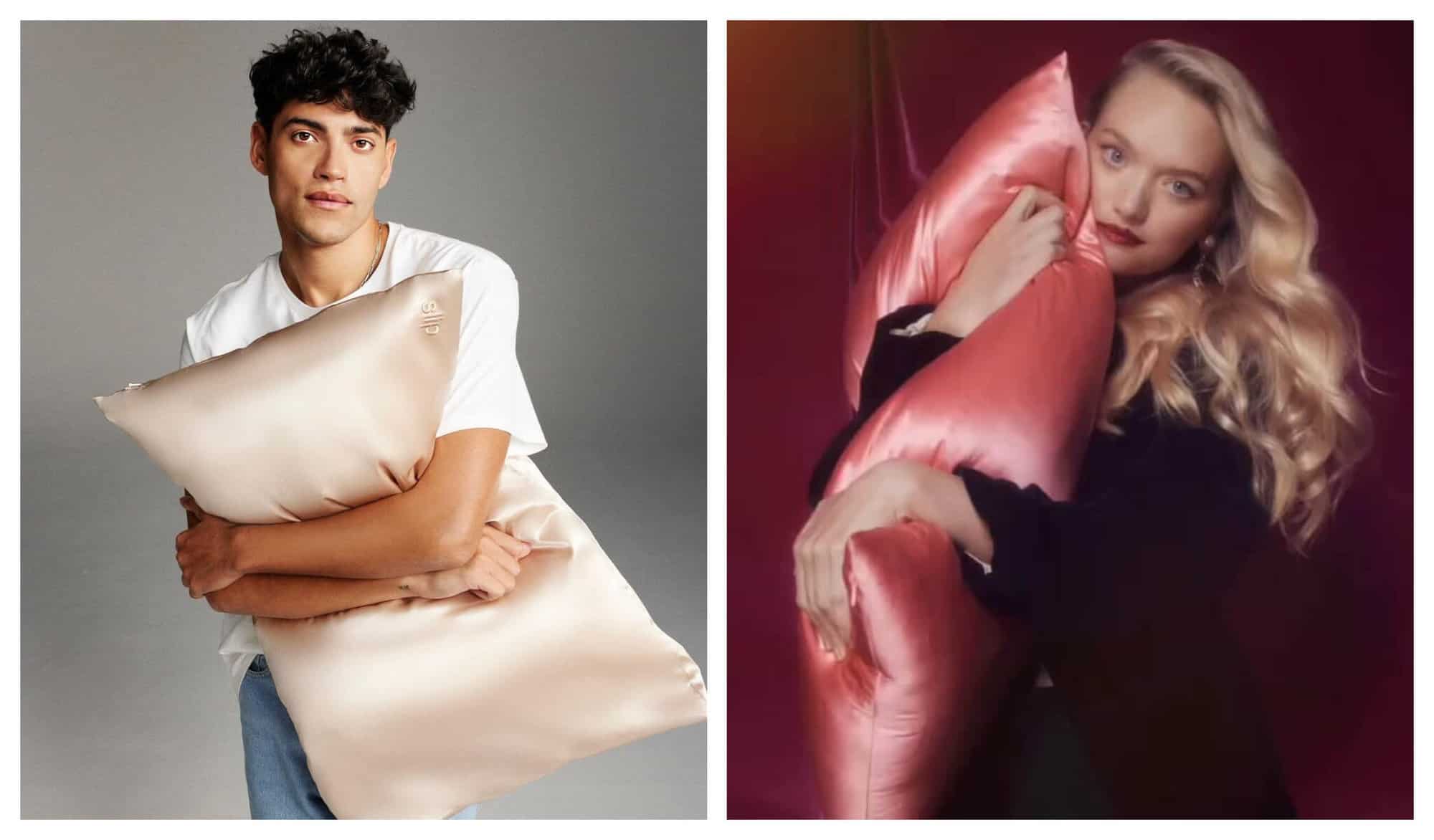 Left: A man in a white t-shirt and blue jeans hugs his cream colored Slip silk pillow. Right: A blonde woman hugs her hot pink Slip silk pillowcase against her face.