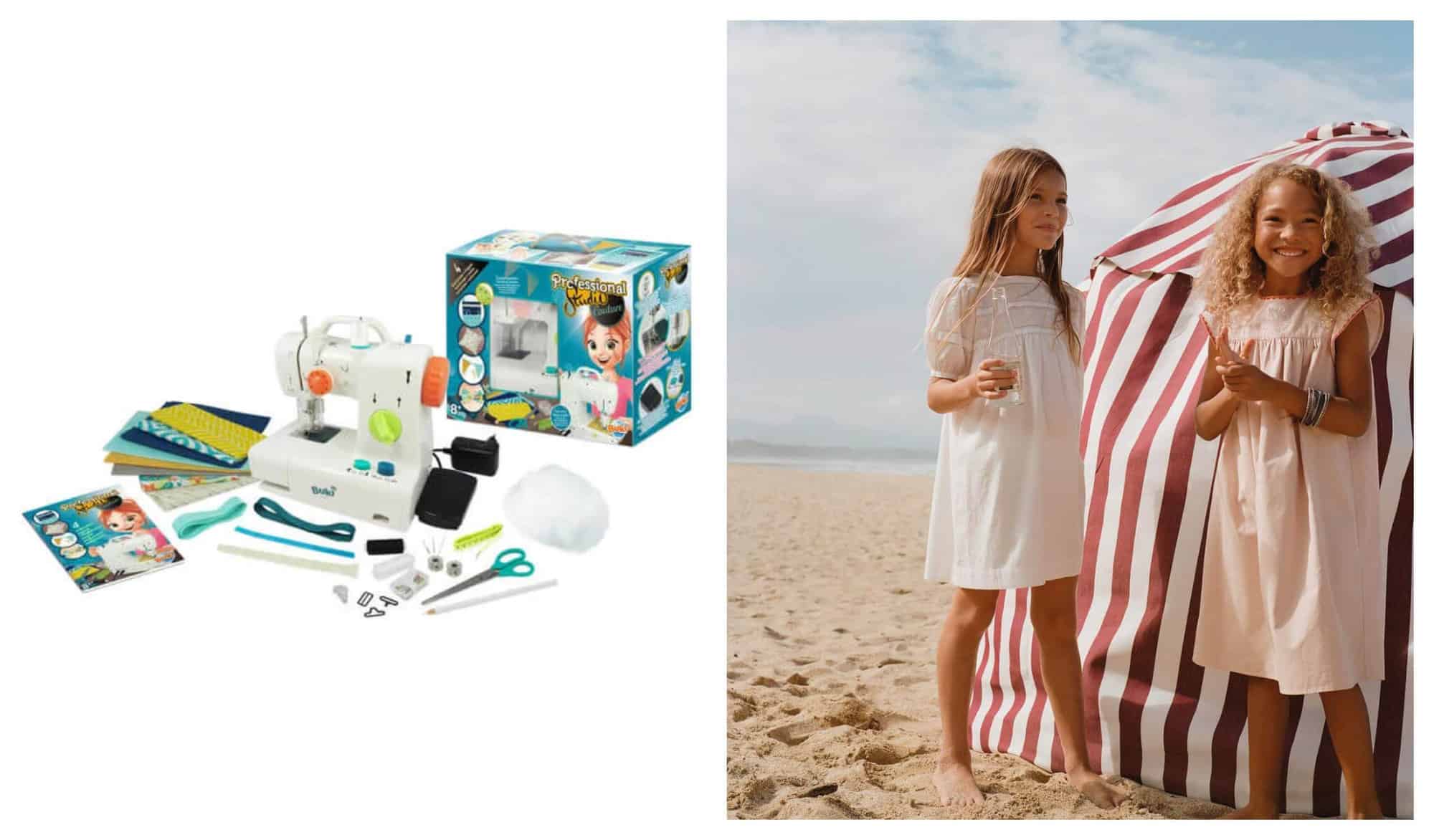 Left: A product picture of the Buki France sewing machine with its materials laid out. Right: Two young girls in white and cream dresses smile brightly at the beach in front of their red and white striped tent.