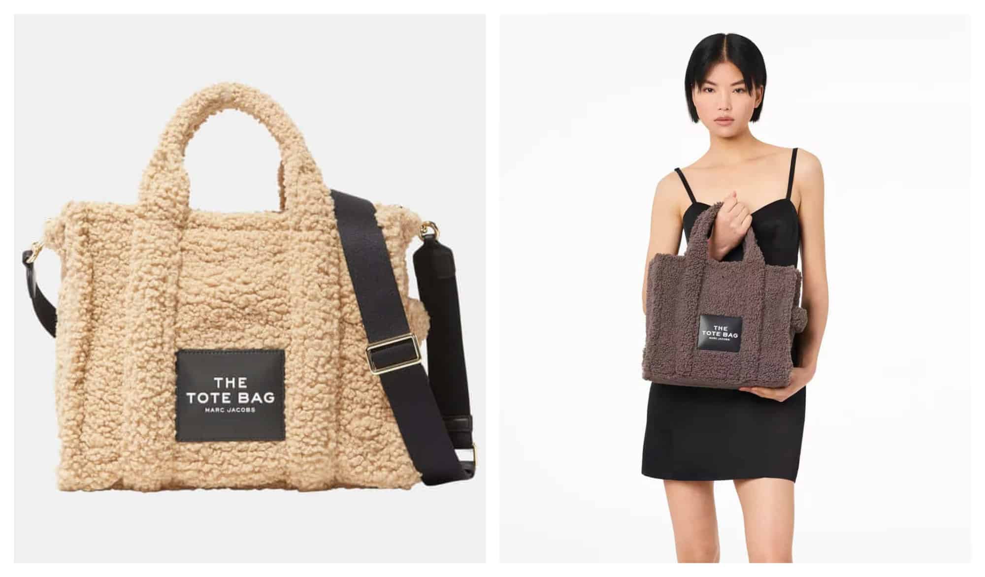 Left: The Teddy Tote Bag from Marc Jacobs in a cream color is displayed with its iconic large label on the front. Right: A woman models the Teddy Tote Bag from Marc Jacobs in a chocolate brown color, holding the top two straps in her right hand and holding the bag from the bottom with her left.