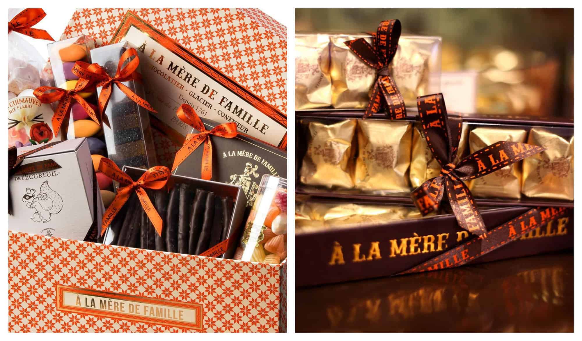 Left: An orange box full of pastries and sweets. Right: sets of chocolates in golden wrappers with brown ribbons.