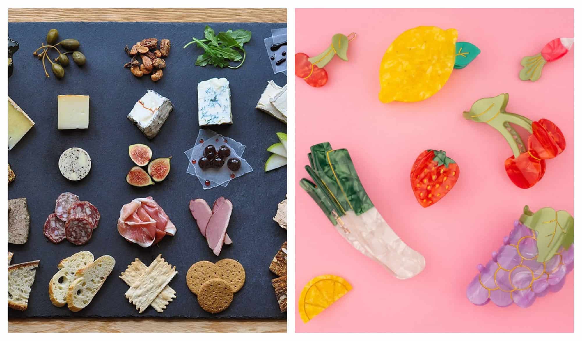Left: A slate board full of charcuterie essentials like fig, cheese, ham, bread, and olives. Right: A lot of food-themed hair clips in a variety of colors.