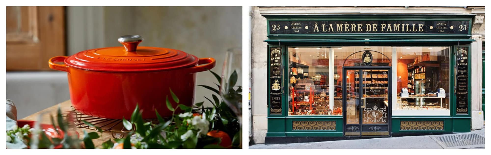 Left: a dutch oval casserole with herbs surrounding it. Right: A store-front with green and black decor.