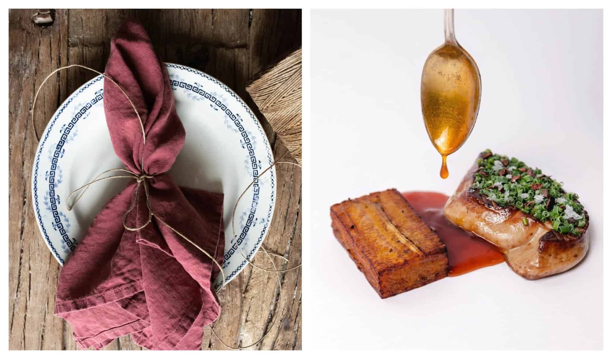 Left: A dark red colored linen napkin lying on a white plate. Right: a plate of foie gras, garnished with herbs and sauce dripping from a spoon.