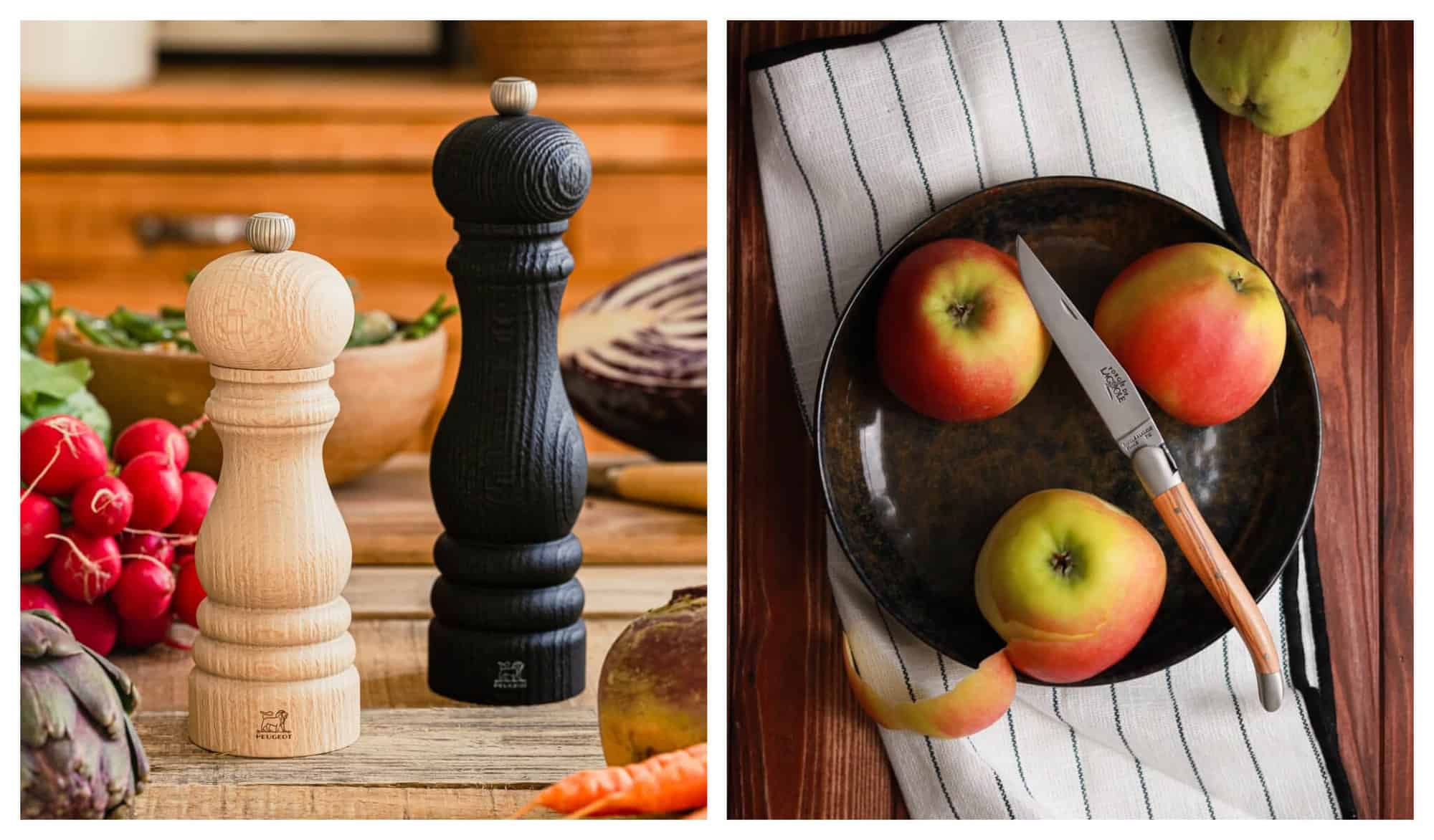 Left: A set of salt and pepper mills — a small beige salt mill and a taller black pepper mill. Right: 3 red apples on a brown plate with wooden knife.