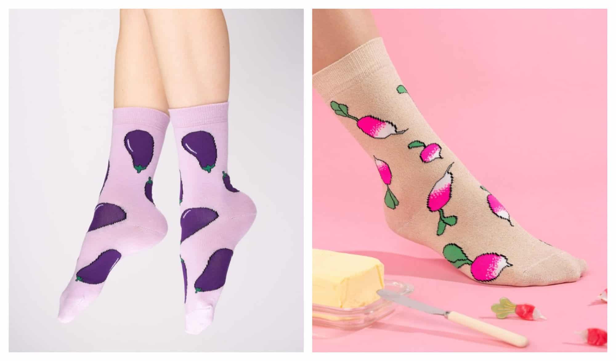 Left: An eggplant themed purple socks. Right: A radish themed beige socks.