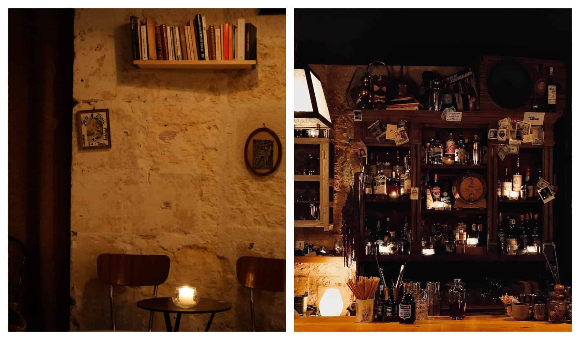 Left: Two wooden chairs at a small wooden table with a candle on it are just next to the light brick wall in CanCan. Right: A dark shot of the bar in CanCan, complete with liqour, wine, and glasses.