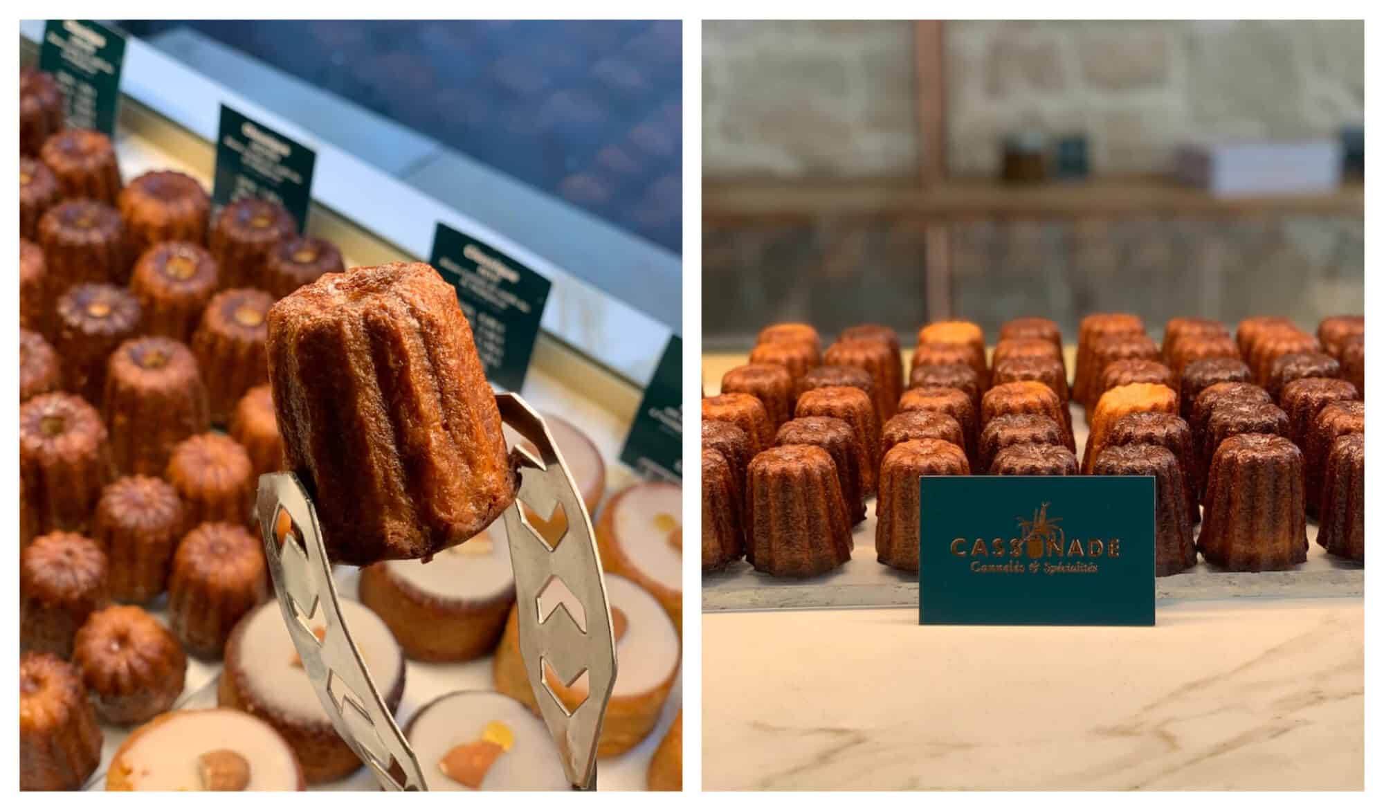 Left: A pair of tongs displays a canele, Bordeaux's iconic pastry with dozens more lined up in the background. Right: Caneles are lined up behind a small green card with gold letters that reads "Cassonade", the name of the bakery in Bordeaux.
