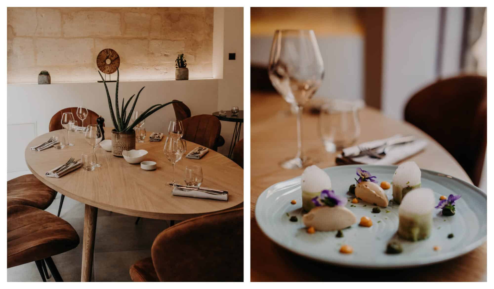Left: A light wooden oval-shaped table is set with six places, a cactus as the centerpiece and a few other succulents in the background on a shelf in Modojo Restaurant in Bordeaux. Right: An appetizer from Modojo, complete with a wine glass nearby.
