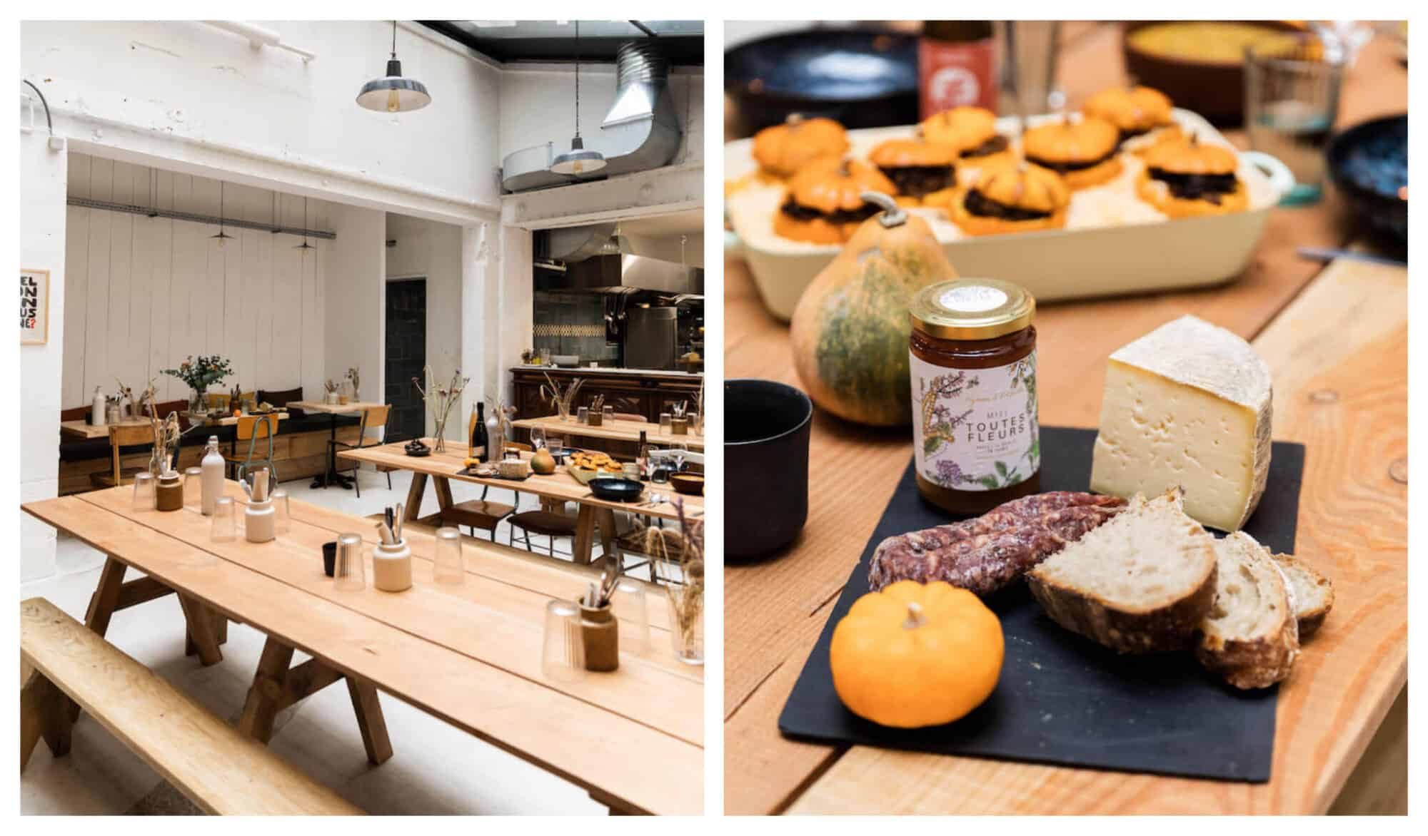 Left: Light wooden picnic tables are seen inside Les Recoltants, a cantine in Bordeaux. Right: A plate of cheese, bread, jam, sausage, and a small pumpkin are displayed in Les Recoltants' kitchen.