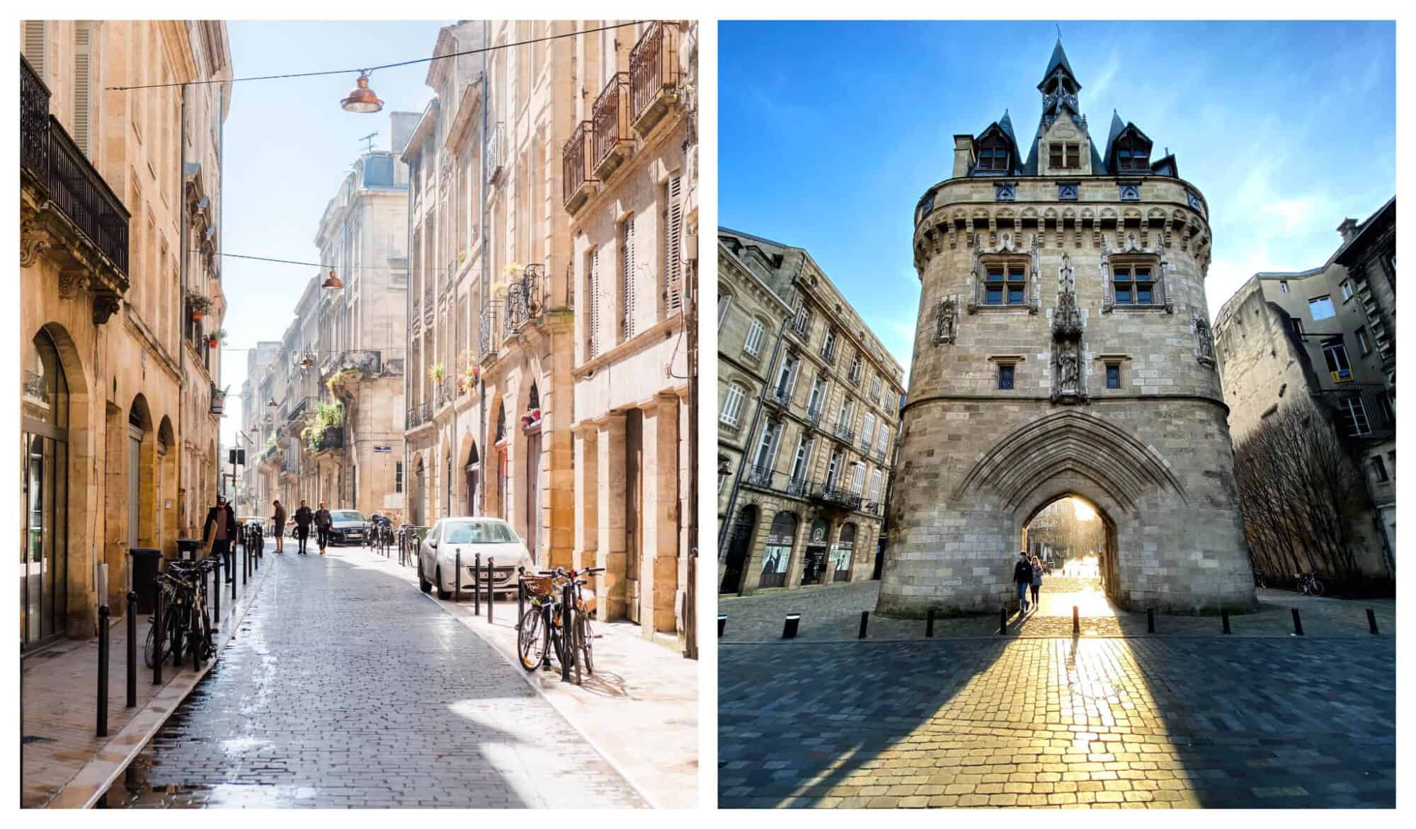 Left: A view of a sunny street in historic Bordeaux with bicycles on the sidewalks and people in the distance. Right: A view of a structure in Bordeaux's historic center with light shining through the archway and people walk through.