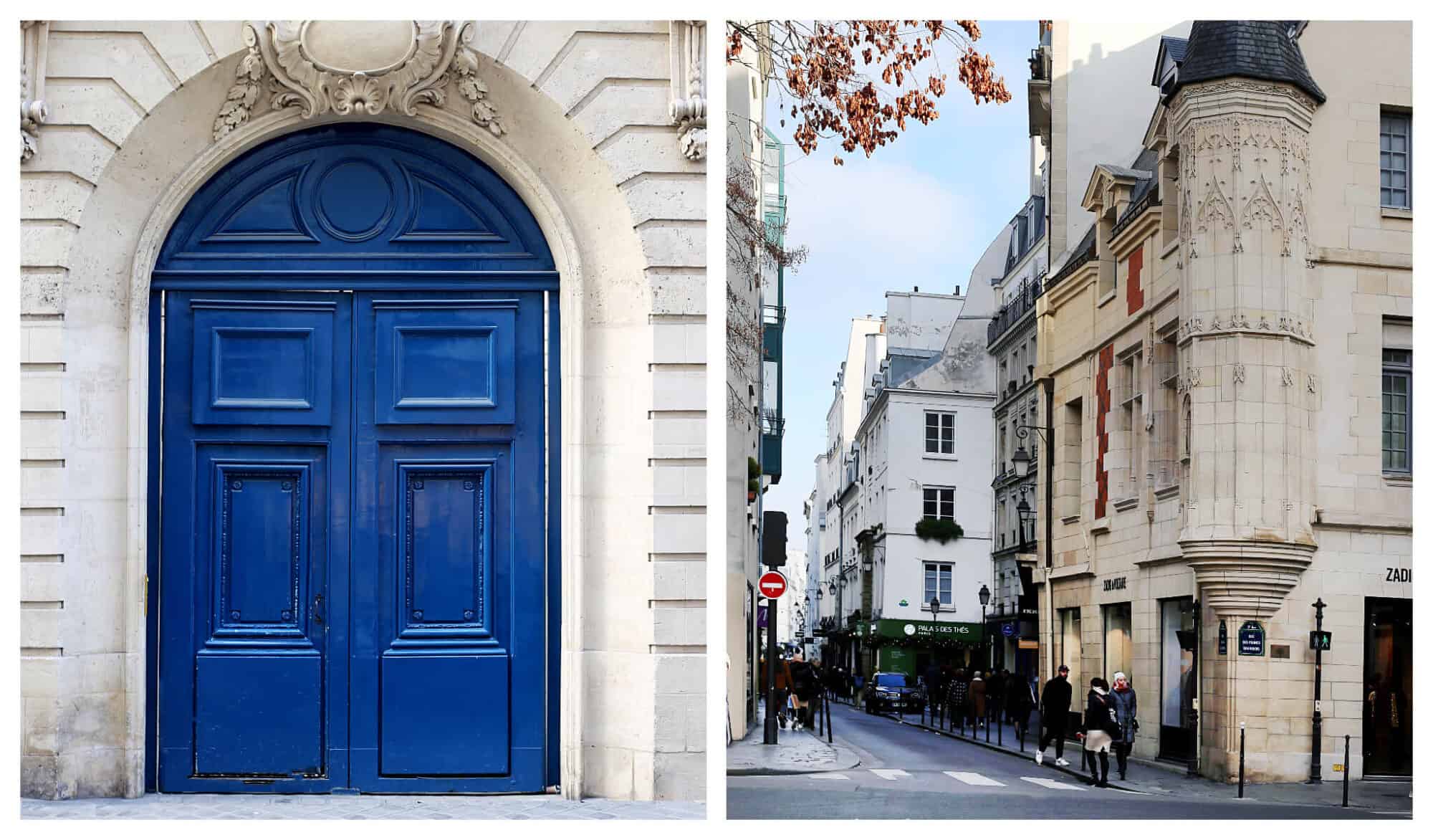 Left: The front of the Marais Apartment for sale, Right: The historic surrounding neighborhood. 