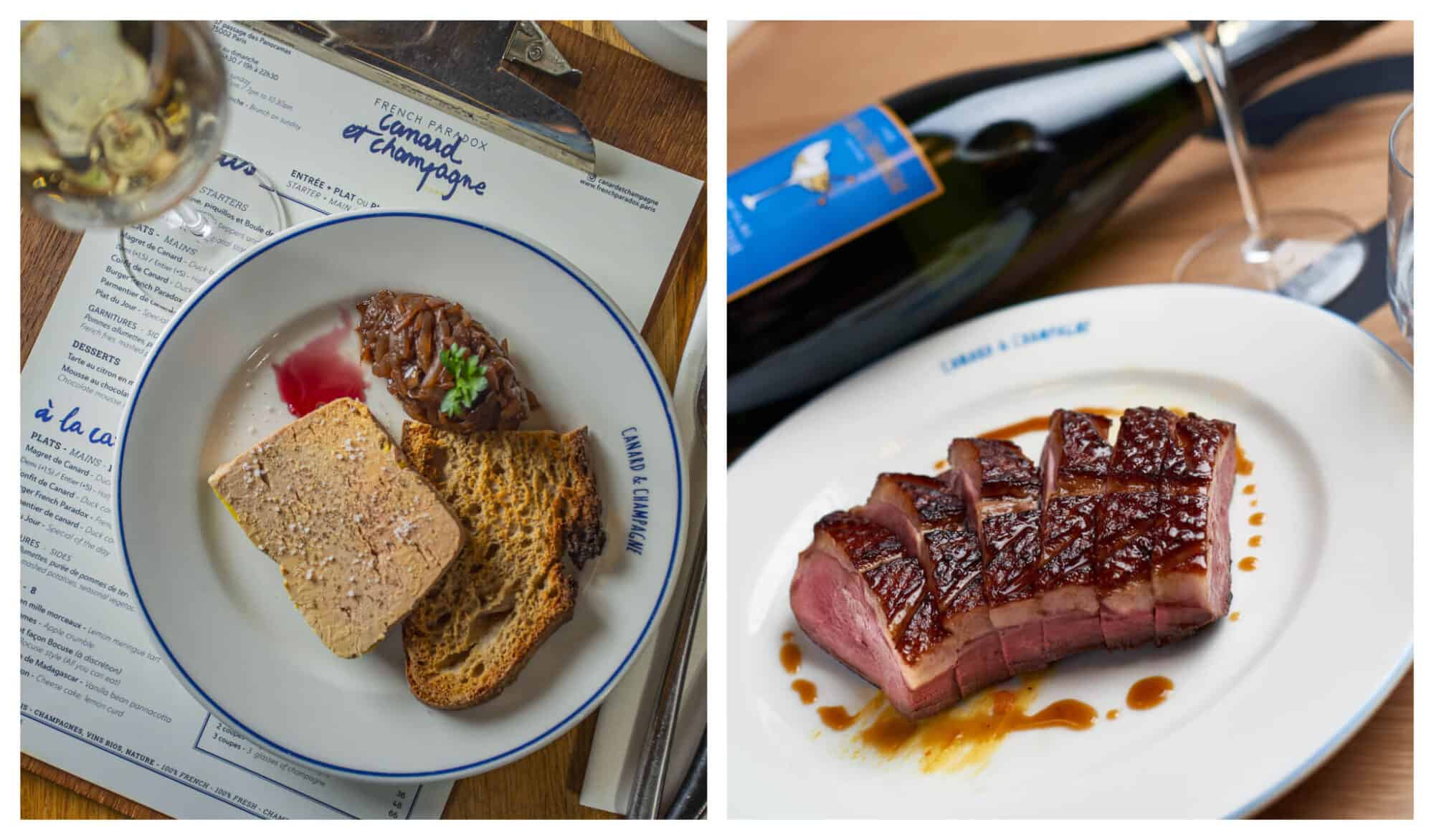 Left: An entrance plate of foie gras, bread, and champagne. Right: A plate of roasted meat drizzled with brown sauce.