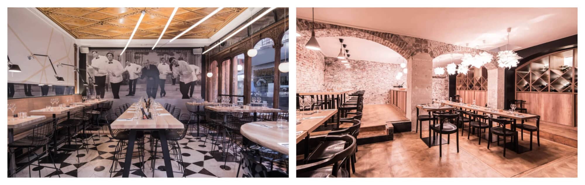 Left: Inside a restaurant with wooden ceiling and tables, black chairs, and white and black tiled floor.