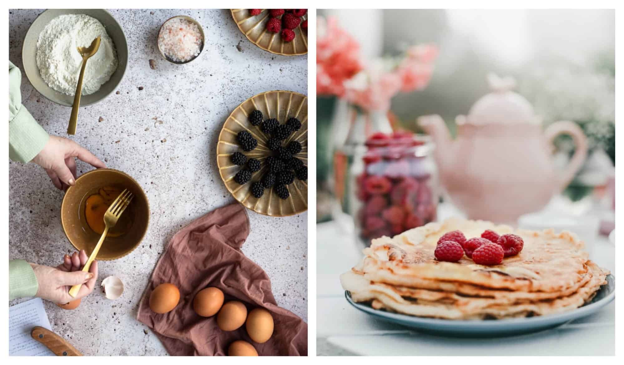 Left: A person whisking an egg in a bowl with other ingredients beside like flour, blueberries, salt, and raspberries. Left: A plate of crepes topped with 6 red raspberries.