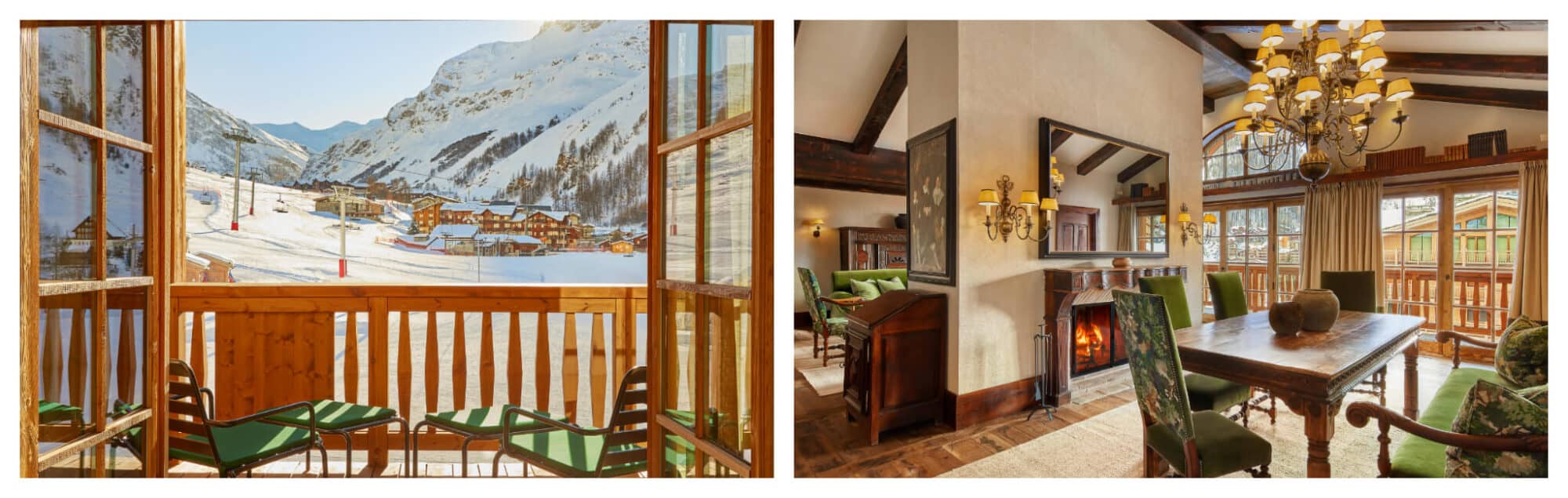 Left: The breathtaking view from a wooden balcony at Airelles ski resort, overlooking slopes with cable posts. Right: A dining area inside one of the rooms at Airelles, with wooden tables, green chairs, and a fireplace.