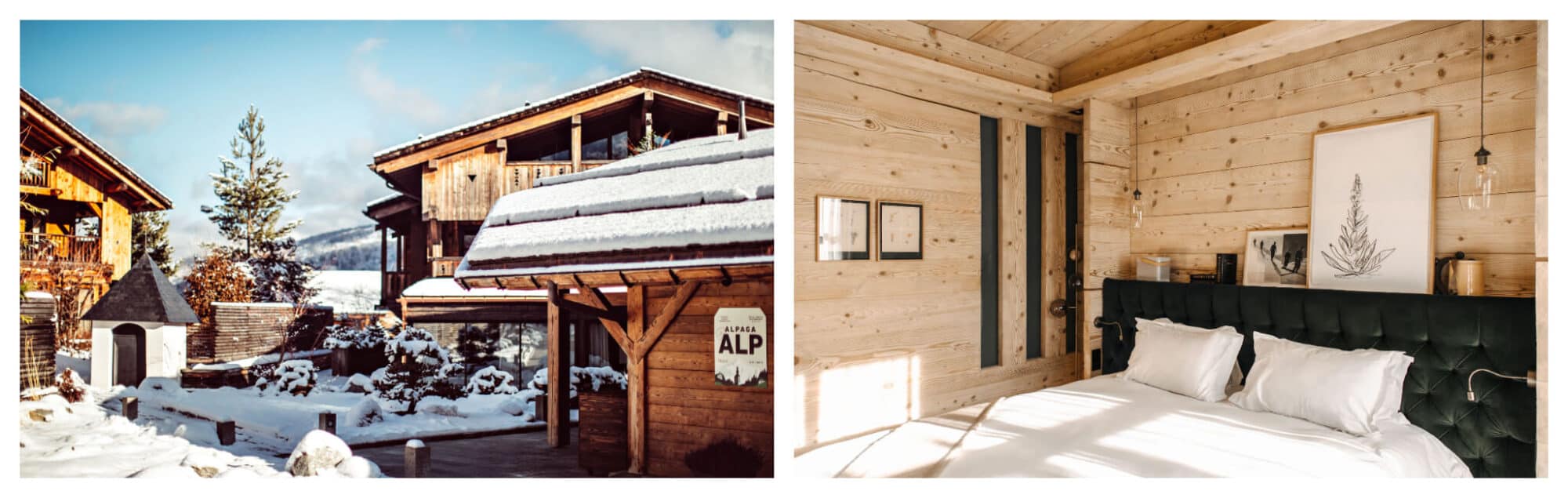 Left: The exterior of L'Alpaga's wooden chalets draped with snow. Right: One of L'Alpaga's hotel rooms with wooden walls and white bed sheets and a green velvet headboard.