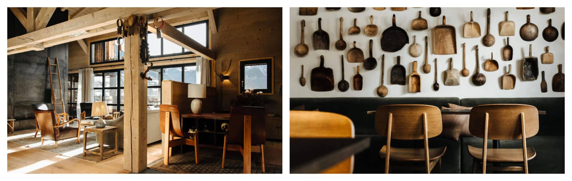 Left: The interior of L'Alpaga ski resort in the French Alps, with wooden pillars, flooring, and furniture and a black wall. Right: L'Alpaga's restaurant interior with wooden chairs and a collection of wooden kitchen utensils hanging on the wall.
