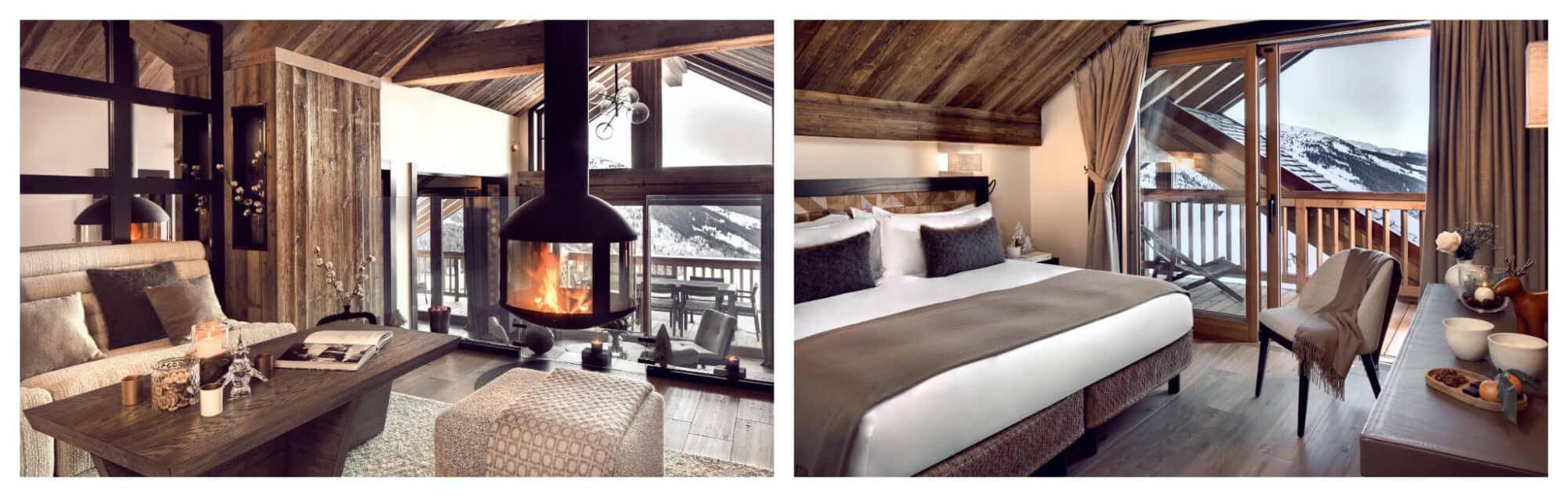 Left: A living room in Antares ski resort with beige sofa, soft furnishings in neutral colors, and a cozy fireplace in the middle. Right: A hotel room at the resort with a white bed, neutral accessories and a view of the snowy mountains outside.