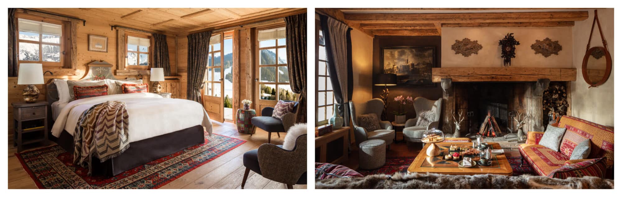 Left: The interior of Les Chalets du Mont d'Arbois - Four Season's Hotel decorated with wooden walls, a white bed, and red carpet. Right: A living room inside the hotel with a cozy fireplace and a beige sofa.