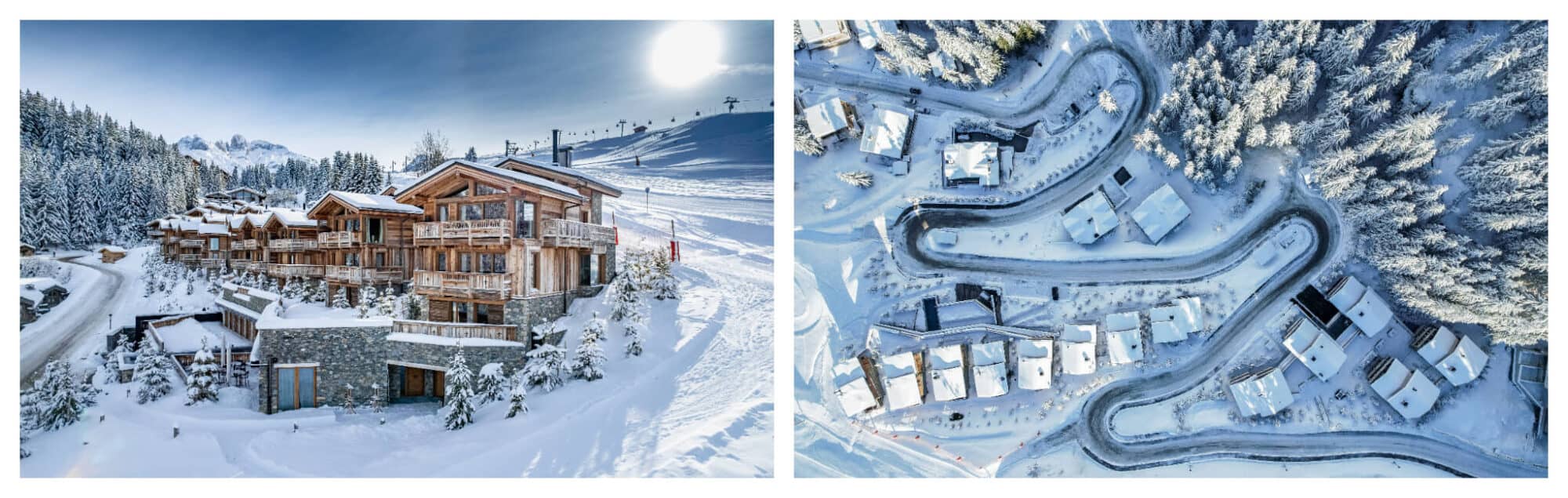 Left: The exterior of Ultima Belvedere's ski chalets in Courchevel, surrounded by snow and pine trees. Right: An overhead view of the swirling roads and snow mountains and pine trees that surround Ultima.
