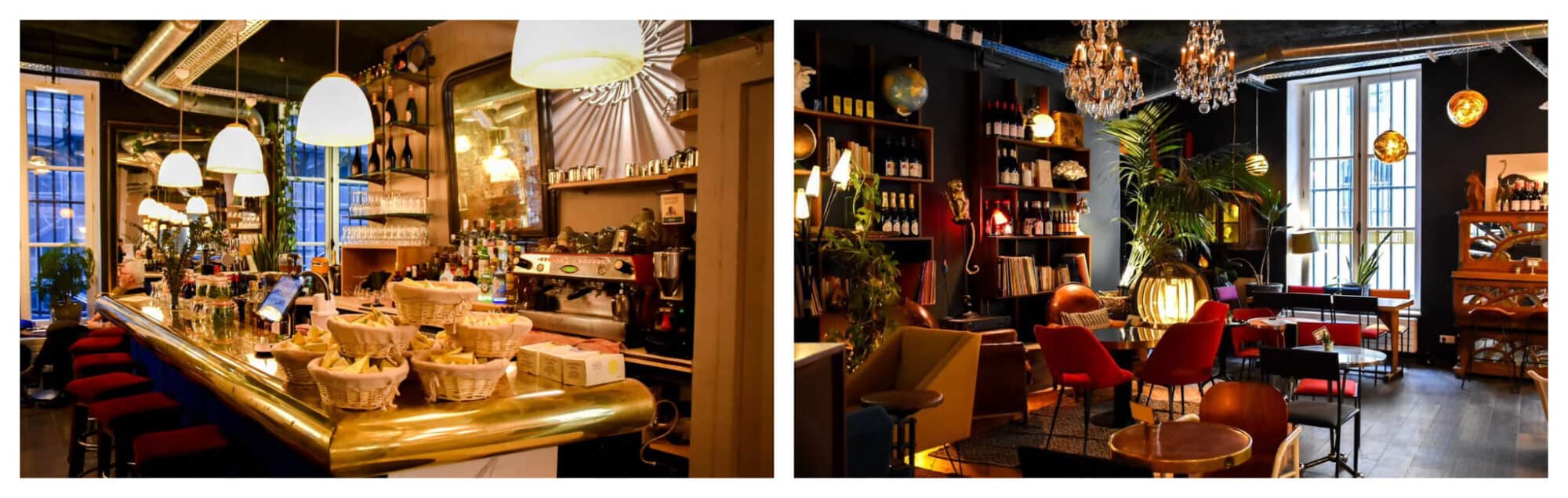 Left: The bar area with of Café Griffon which is adorned with warm lighting, several baskets and red velvet stools under the bar area. Right: The cozy lounge area inside Café Griffon with red chairs, golden ceiling lights, and a few green plants.