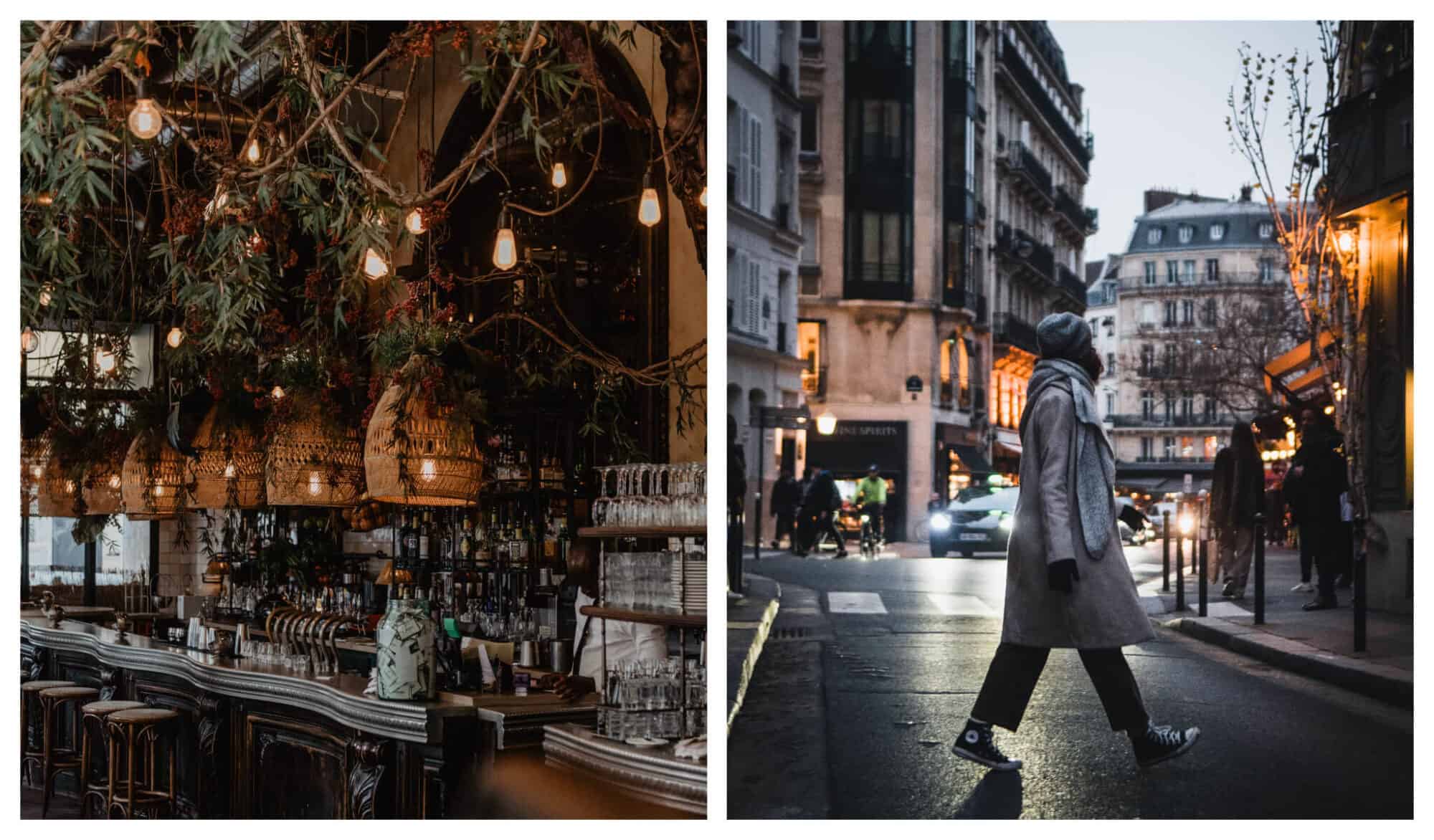 Left: A bar with basket lights, wooden bar and stools, and green plants hanging from the ceiling. Right: A woman in a gray coat, scarf and bonnet crosses a small Parisian street.