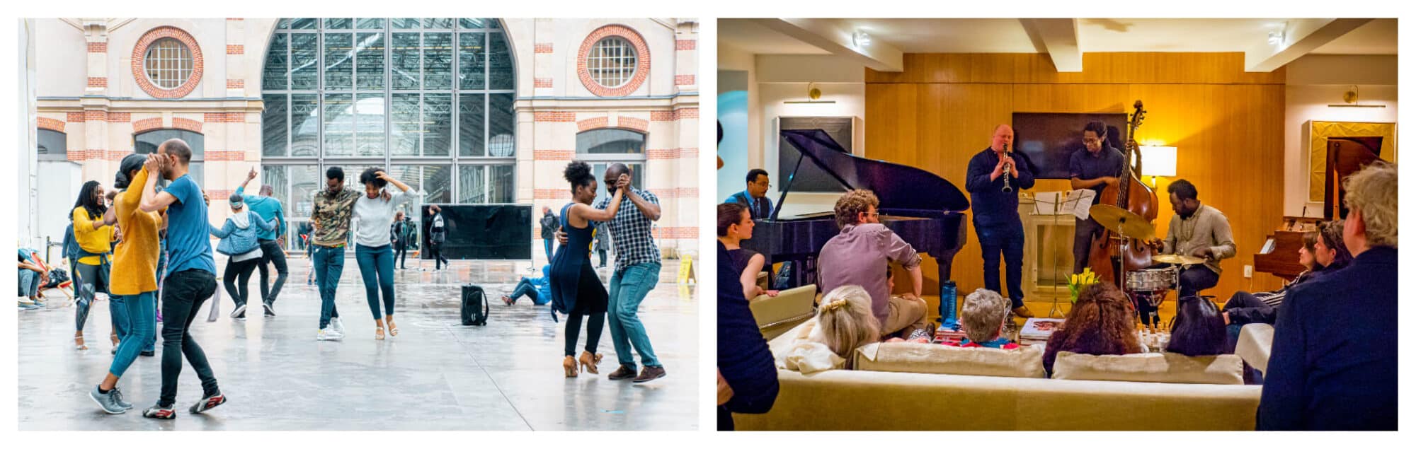 Left: Men and woman dancing in duos in an open court with white tiled flooring. Right: A salon with a band of musicians playing the piano, contrabass, saxophone, and drums.