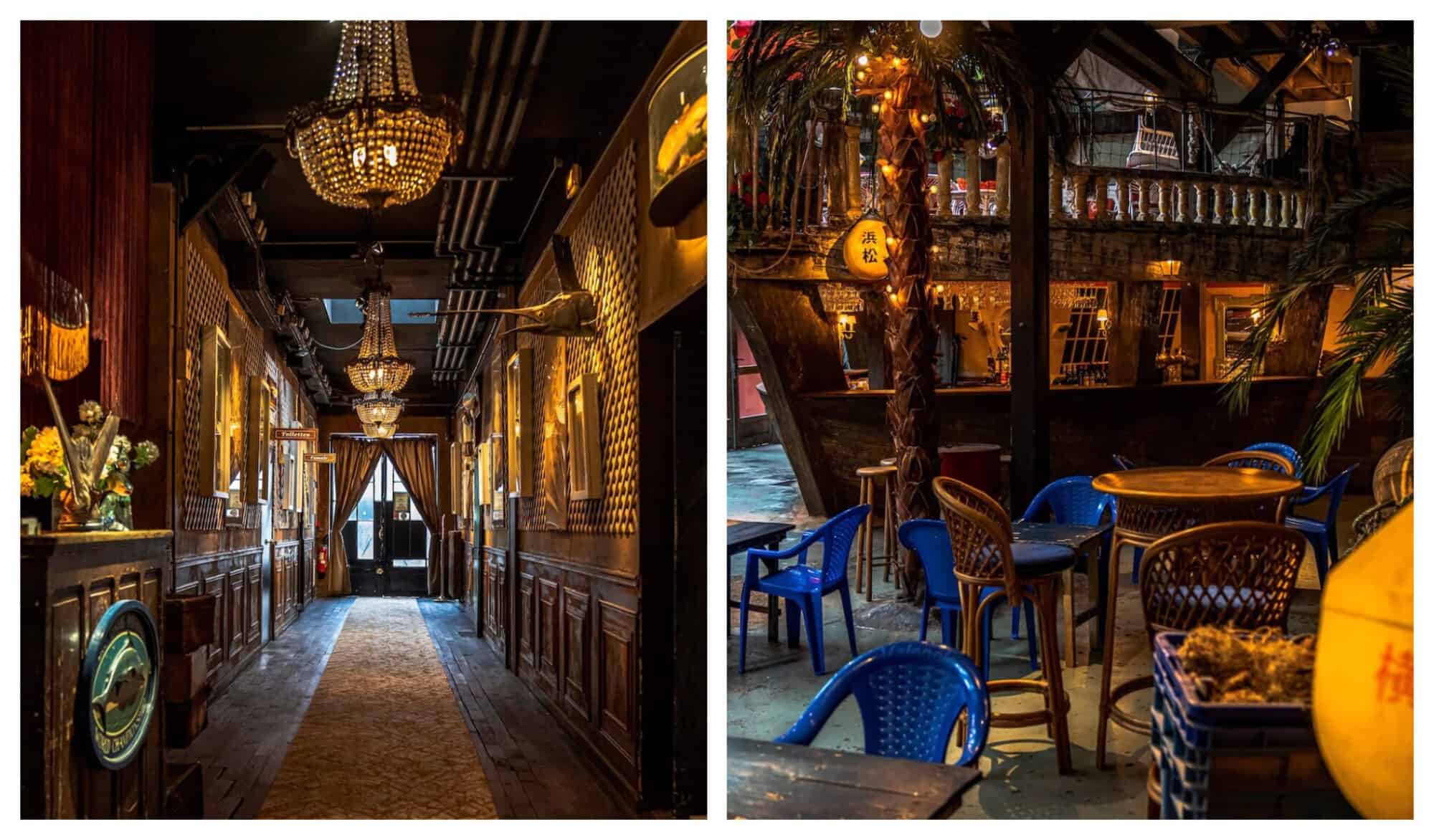 Right: A view down a hallway in Le Comptoire General. The interior is dark and there are chandeliers that illuminate the hallway, a thin carpet stretching down it. There is a window with curtains drawn at the end of the hallway. Right: A view inside Le Comptoire General's cafe. Blue wicker chairs surround wooden tables, intermingled by the same wicker chairs in brown. The bar is in the center and there are palms.
