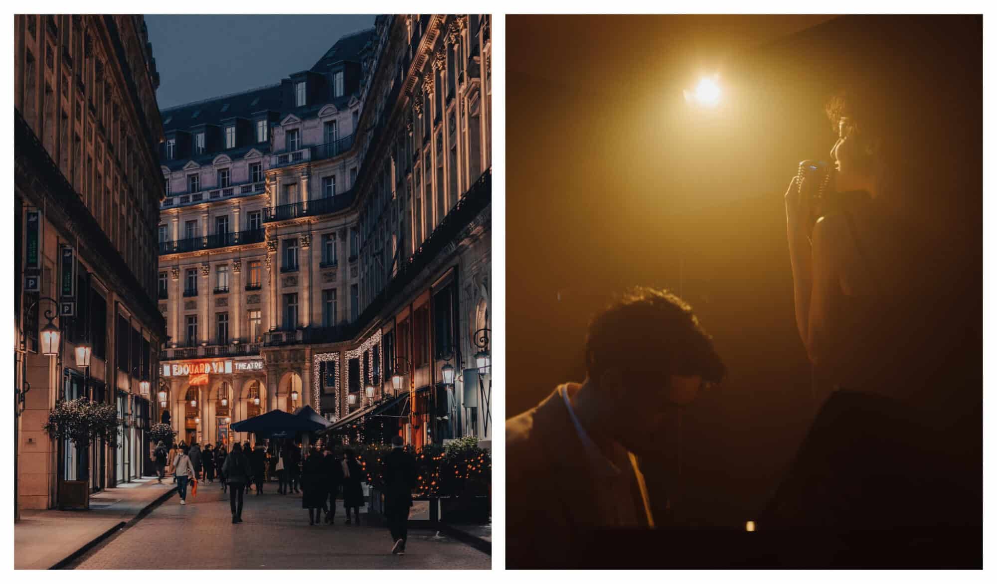 Top: A woman in a black dress sits on a stool and sings into an old-style microphone in a dimly lit music club. There is a man playing the piano on the left and two men playing a saxophone and bass guitar.
Above: Left: A view of a nicely lit Parisian street at twilight, people filling the street. Right: A woman sings into an old style mic, the bright spotlight illuminating the haze around her. There is a man looking down at music as he plays the piano.