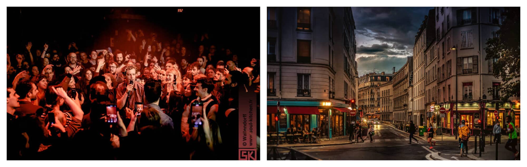 Right: A crowd is seen surrounding a man singing into a microphone. Several are recording him and have their hands up in the air, enjoying the music. Left: A view of a street near Canal Saint Martin in the evening with many cafes open and the facades of Parisian buildings nicely lit by the afternoon and evening sun.