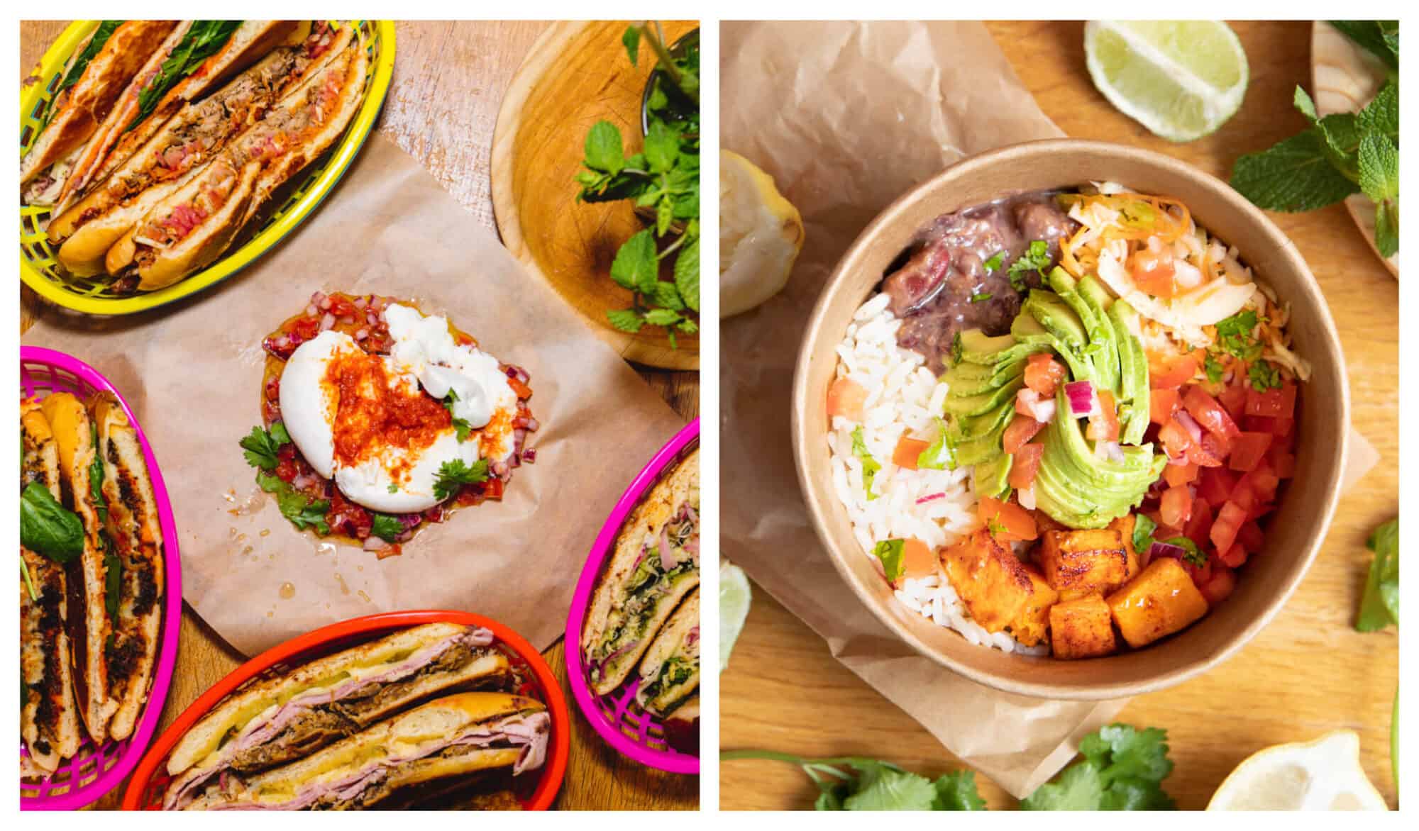 Left: A colorful table full of cuban bocadillos in different plates from the restaurant Little Havana in Paris. Right: A paper bowl with rice, tomatoes, avocado, beans and meat from the same Parisian restaurant.