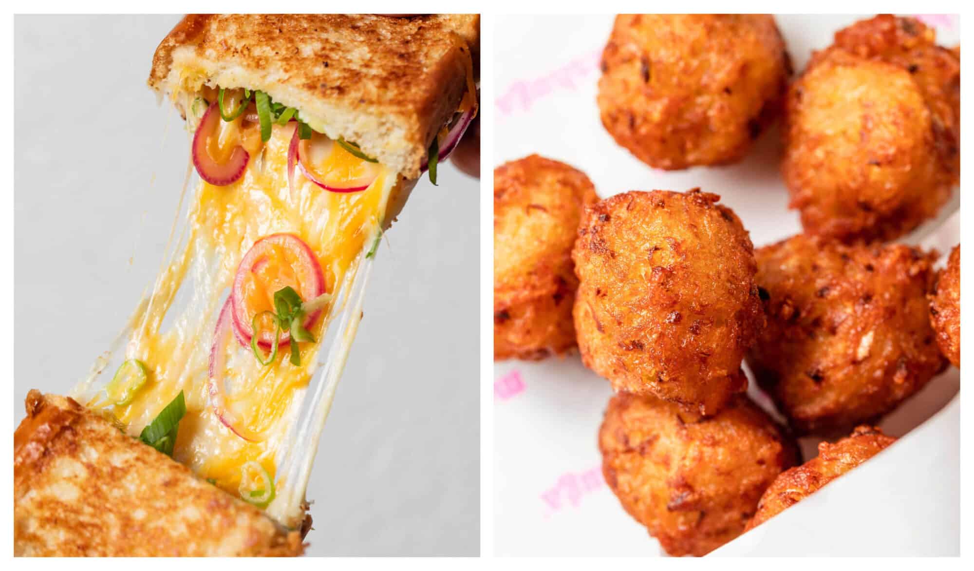 Left: a sandwich cut and pulled in half with melted cheese, radish and herbs from the Paris restaurant Meshuga. Right: fried brown balls of cheese sitting in a white paper wrap from the same Parisian restaurant