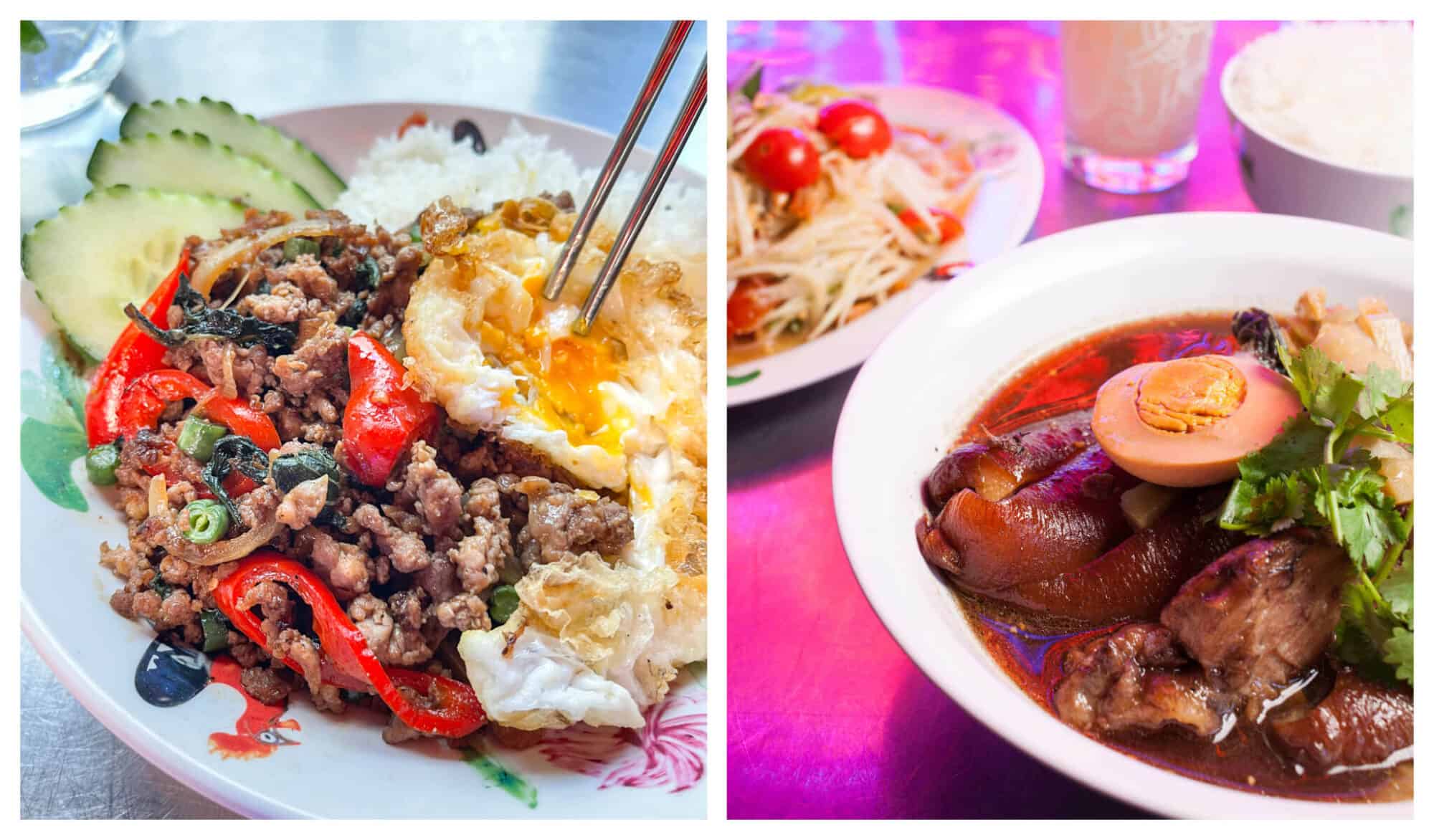 Left: A dish with cooked ground pork, red peppers and a sunny side up egg. Right: A brown stew with pork and hard boiled egg.