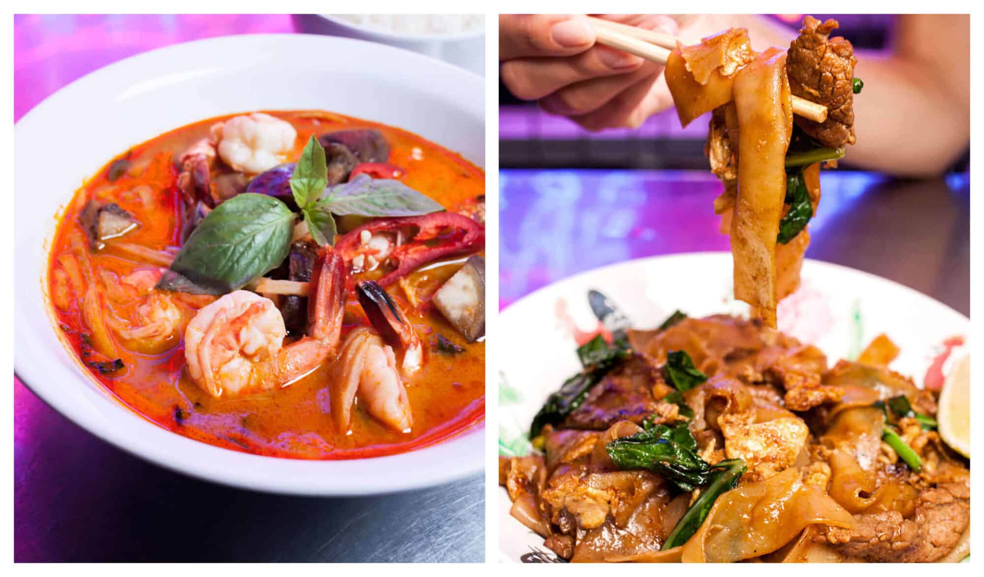 Left: A Thai red curry with shrimp and red peppers from Street Bangkok. Right: a noodle dish with beef and basil from the same restaurant in Paris.
