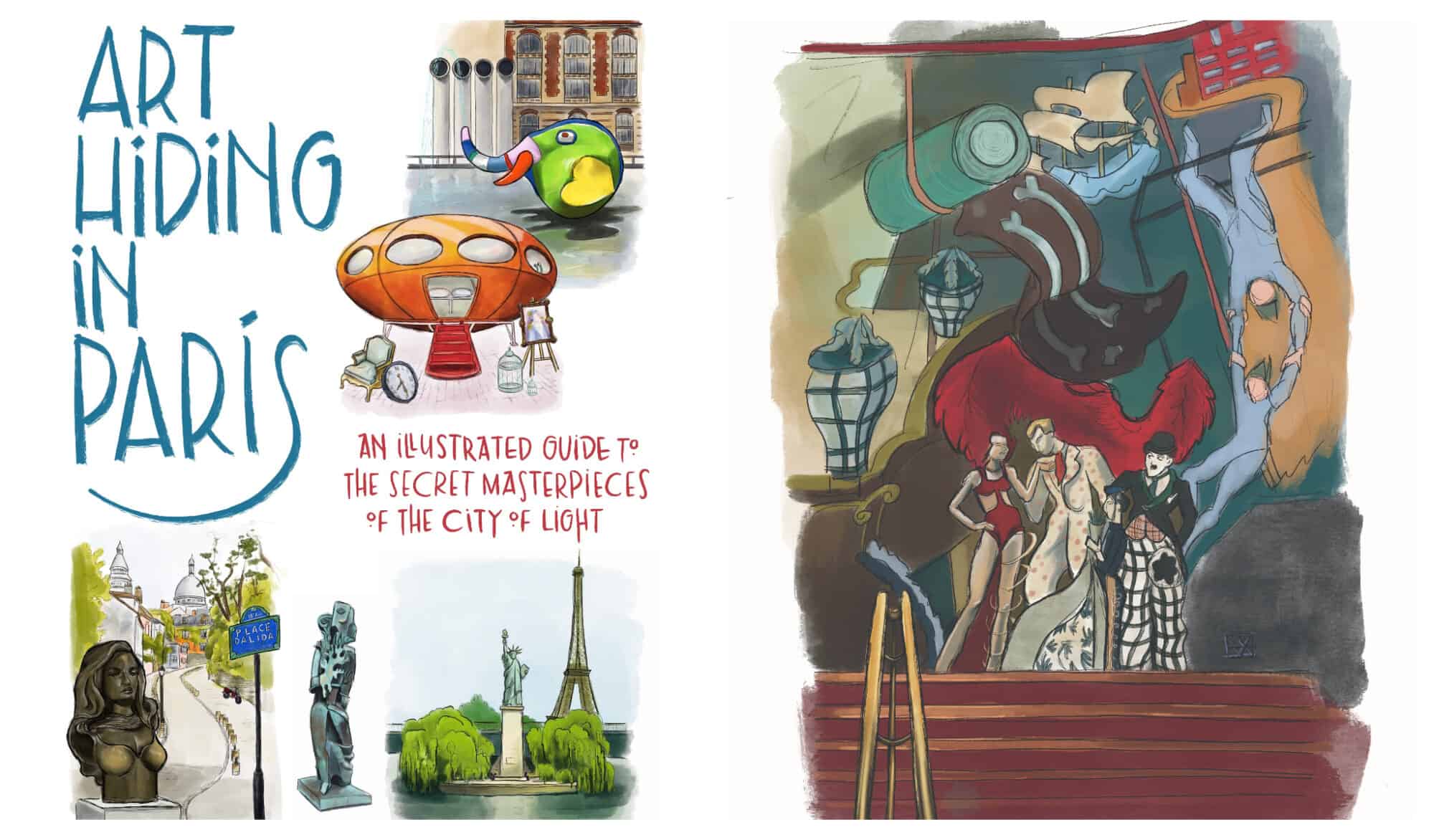 Left: The cover of the book "Art Hiding in Paris" with 4 illustrations of different colors. Right: An illustration of a mural in Paris in shades of red, green and yellow