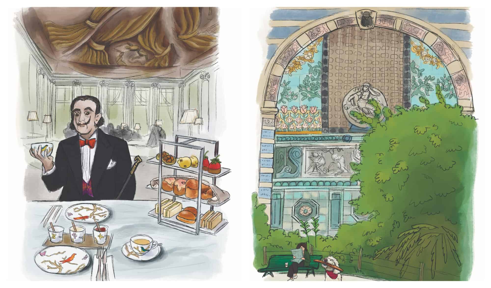 Lef: an illustration of the artist Salvadore Dali eating in a restaurant. Right: An illustration of a square in Paris full of greeneries and an art nouveau building