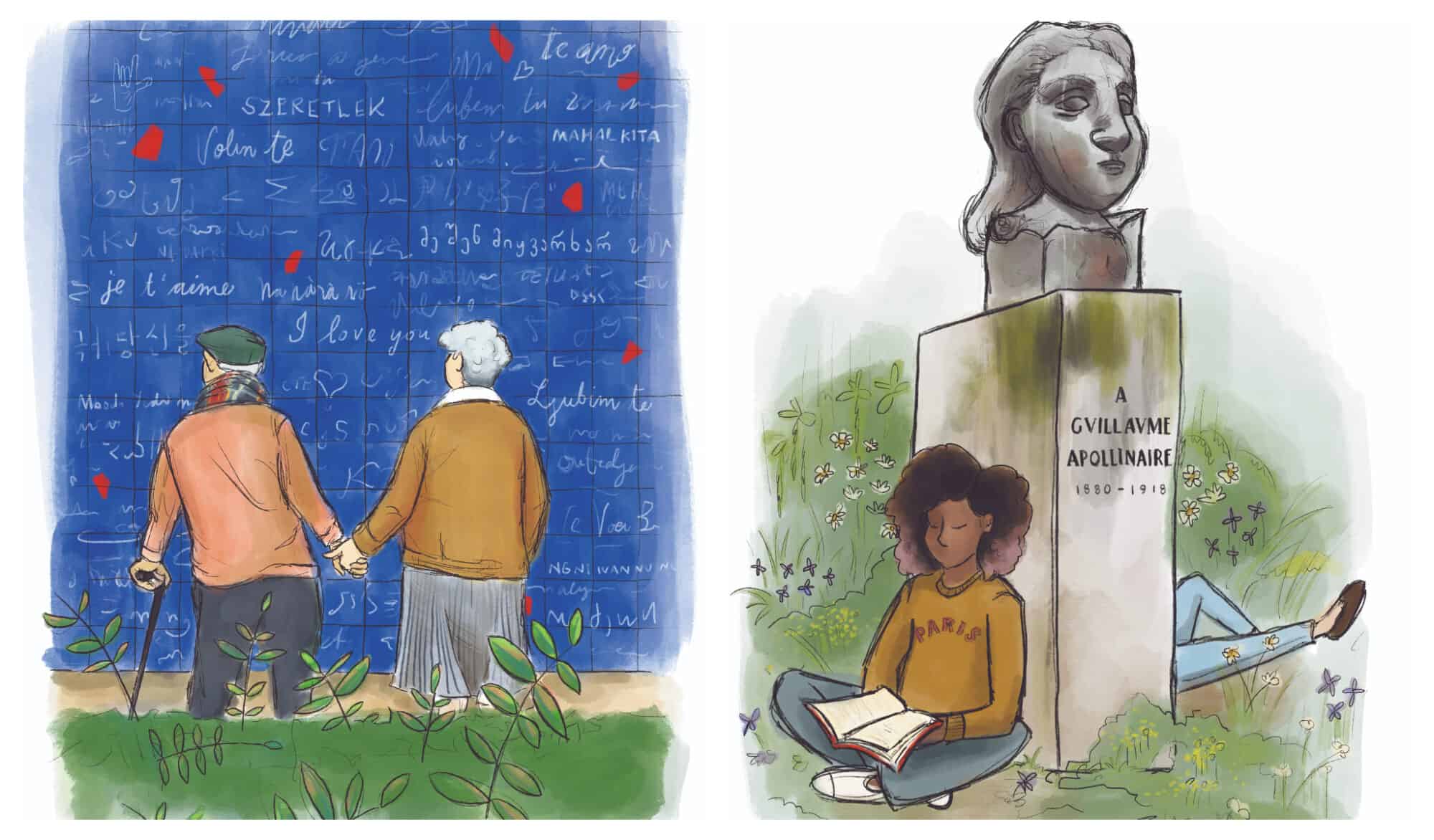 Left: A couple holds hands as they look at a blue tiled wall full of i love yous in different languages. Right: A woman wearing a yellow sweater sits and reads a book as she leans on a monument.
