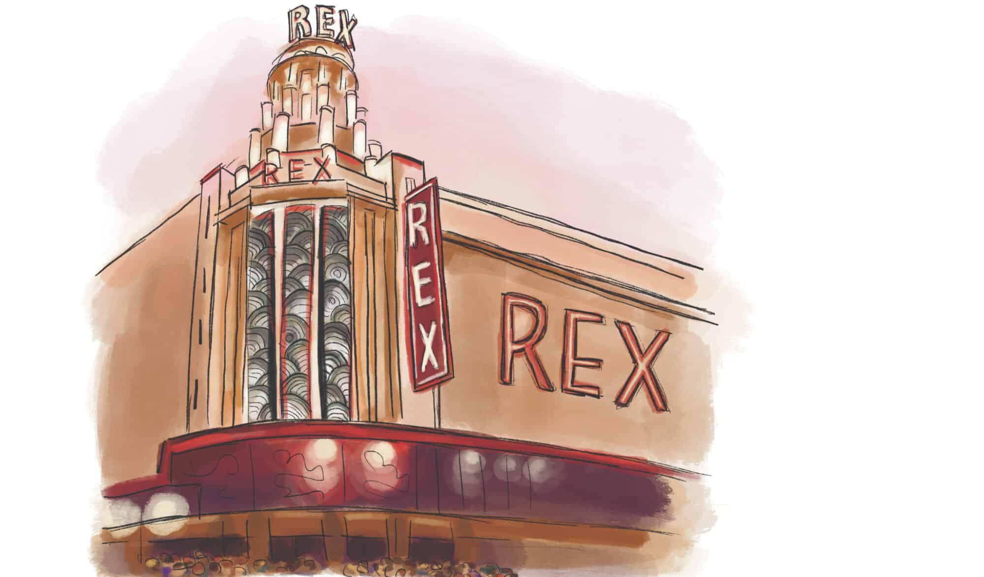 An illustration of the Grand Rex in Paris in shades of red and beige