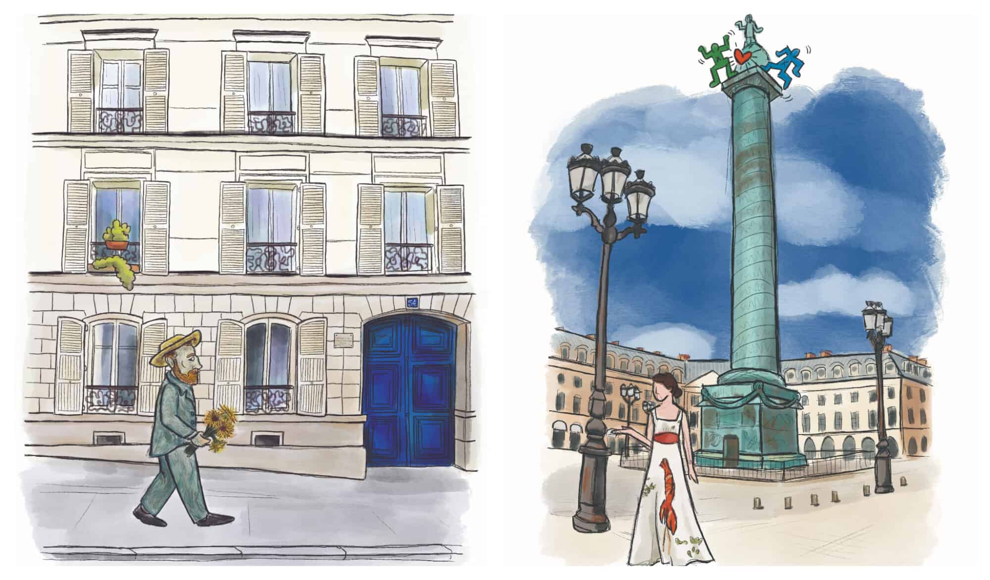 Left: an illustration of the artist Vincent van Gogh walking past his Montmartre apartment building with a blue door. Right: A lady in a white and red dress stands before the Place Vendome tower.