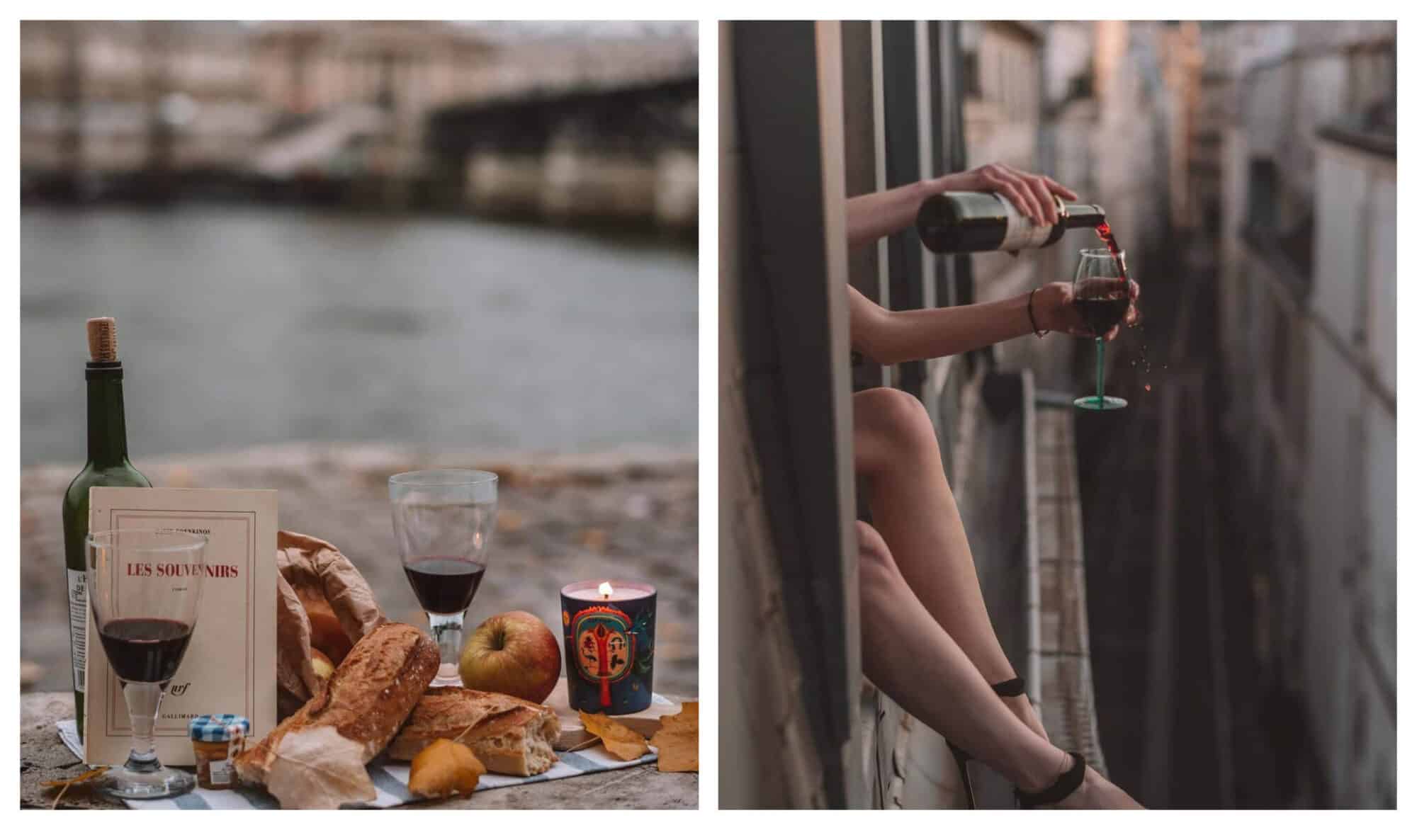 Left: A picnic blanket with red wine, bread, apples and candle. Right: A woman pours herself a glass of red wine while she sits in her windowsill. 