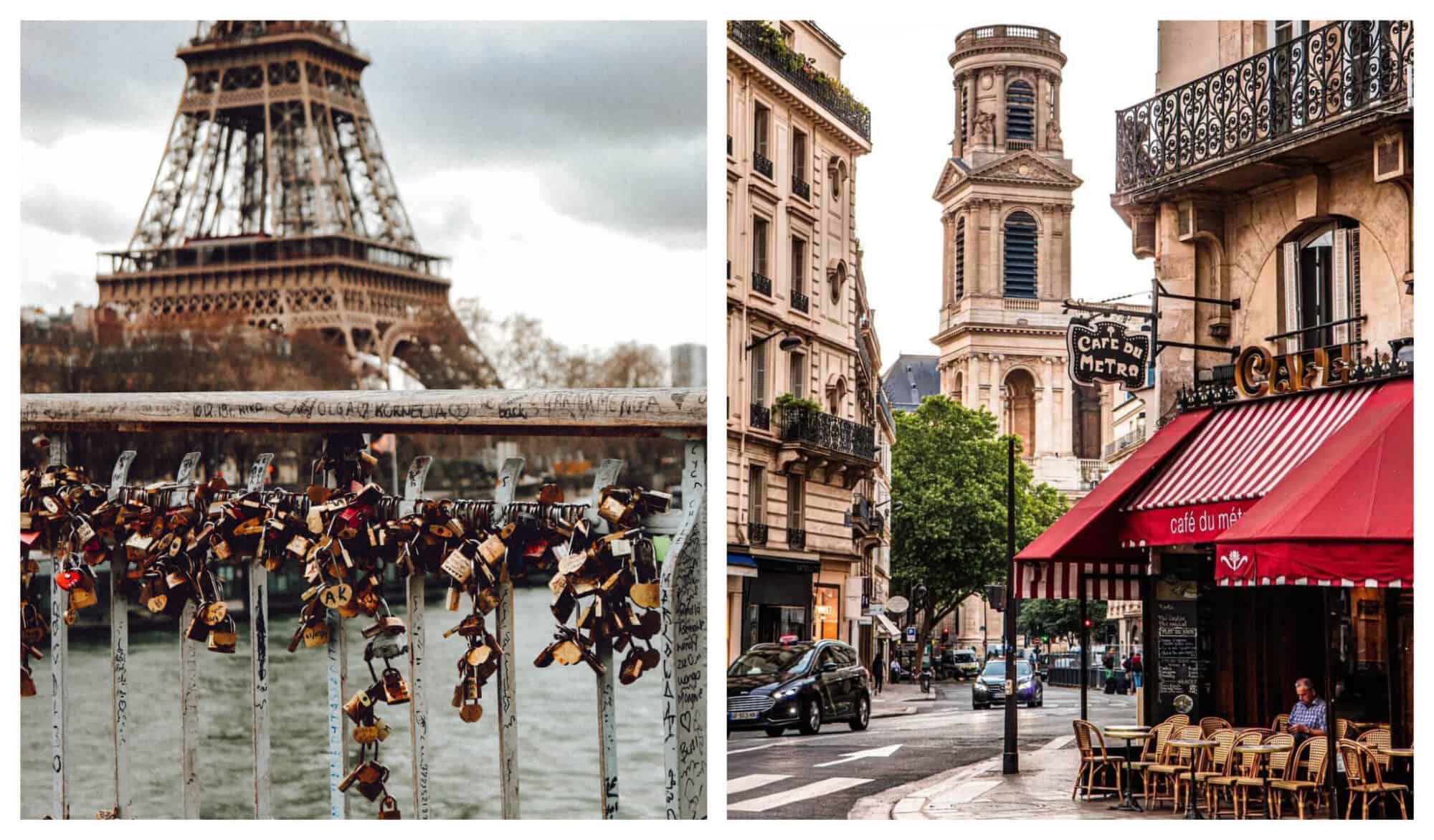Left: a grid in front of the Eiffel Tower that is full of metal locks. Right: A Parisian street with a restaurant and a church tower behind.