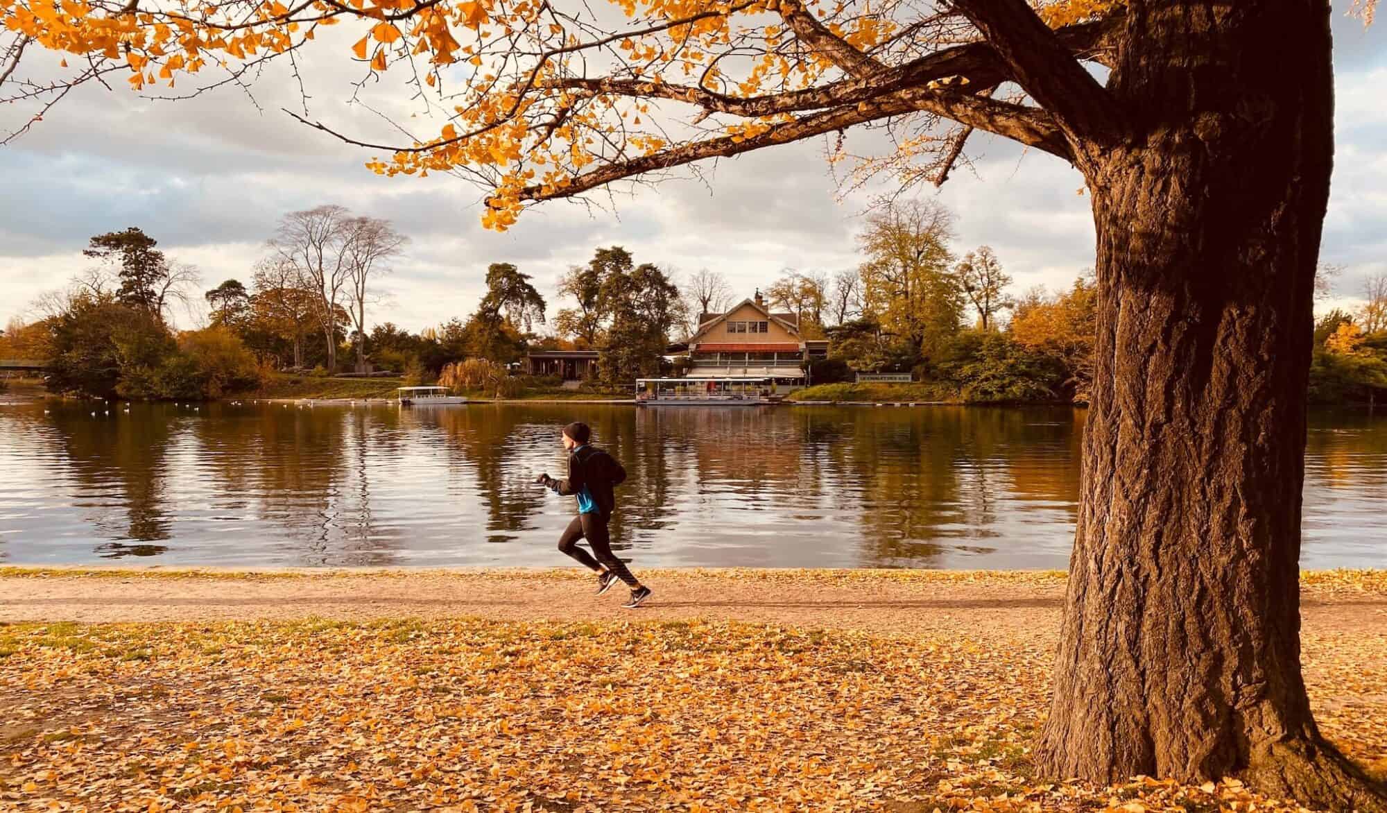 A man runs by a lake during autumn.