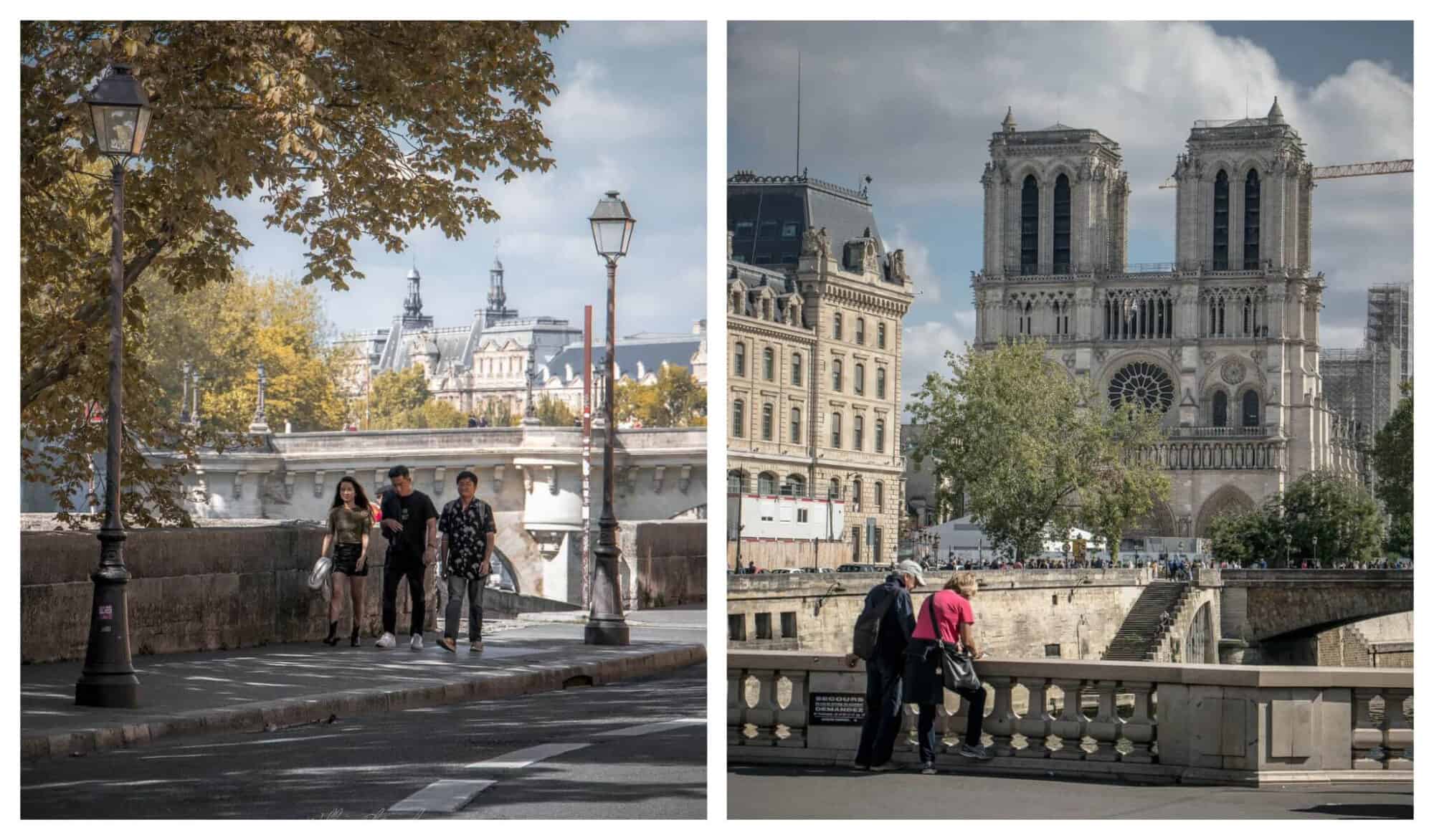 Left: Three friends stroll across Pont Neuf in Paris, the sun shining as they walk under the shade of a green tree and street lamp in the city. Right: An older couple look down into the Seine river of Paris as they take a break from their stroll near Notre Dame in the summertime.