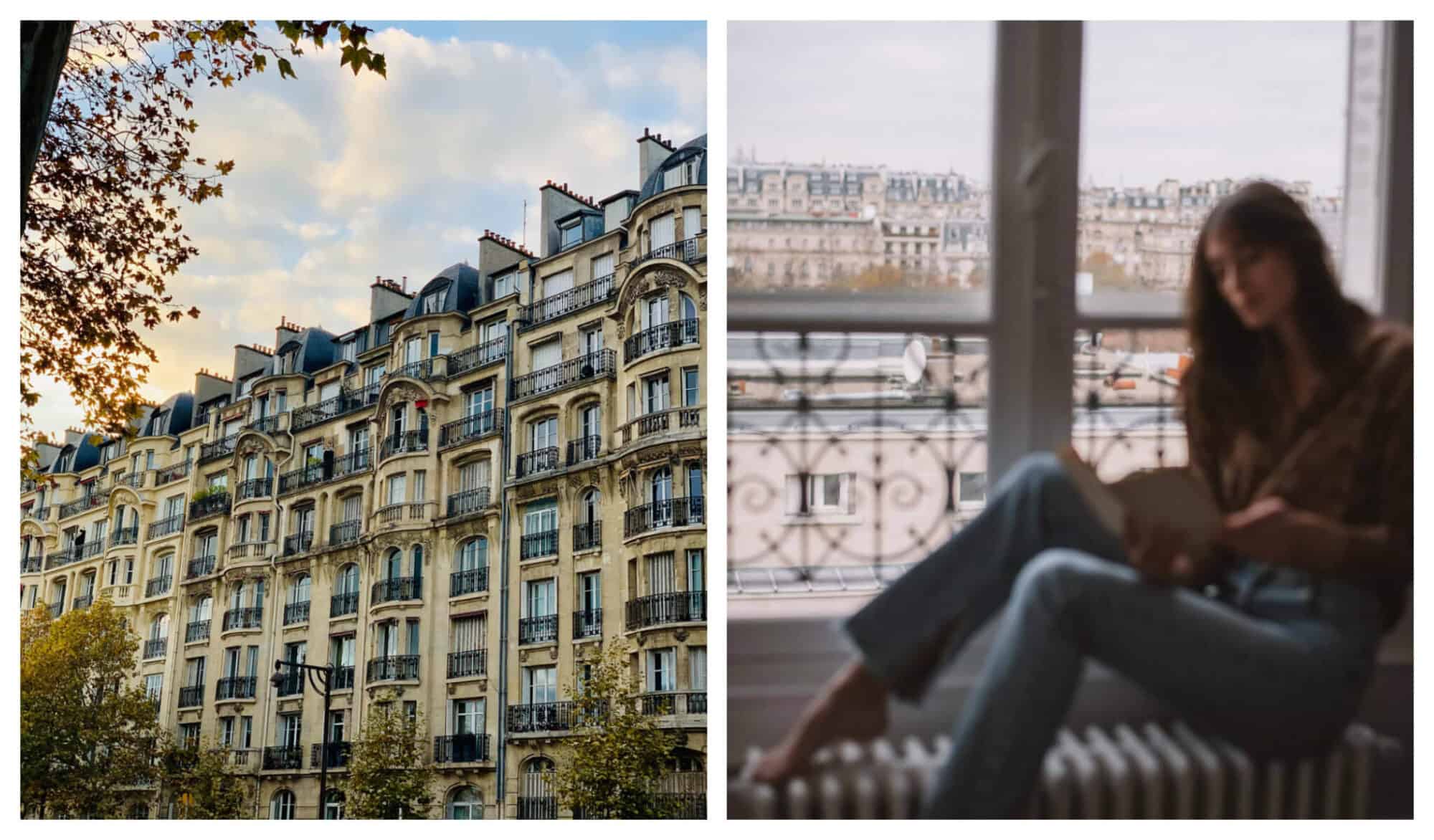 Top: A view of Paris' iconic facades and buildings from a rooftop view at sunset.
Above: Left: Looking up from street view, this photo shows Paris's beautiful building facades in the daylight. There are silver clouds in the sky and green leaves on the trees, conveying the warm environment of summer and fall. Right; A woman that is blurred, wearing blue jeans and a tan cardigan, sits on a radiator in front of a window overlooking Paris, reading a book.
