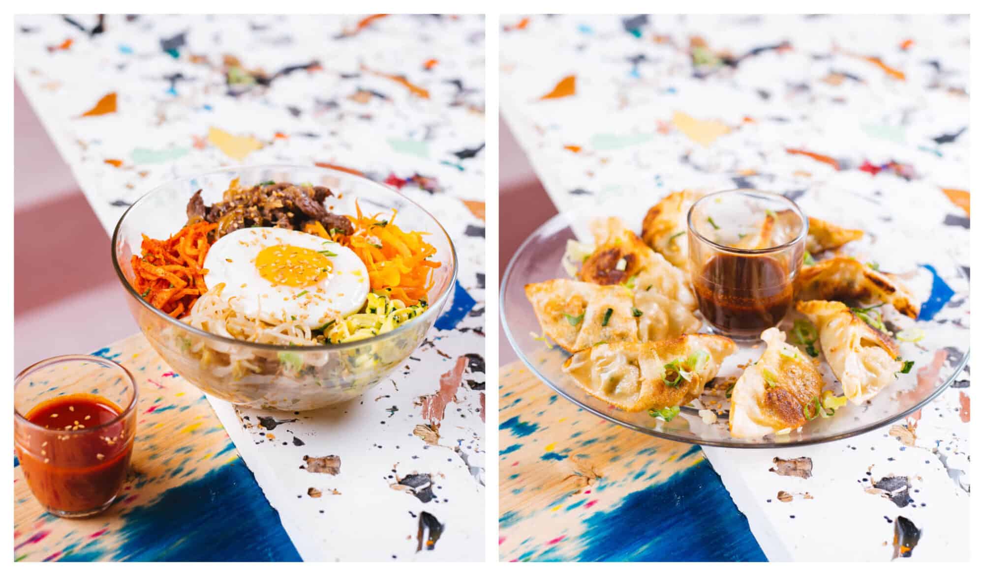 Left: A korean dish of bibimbap with egg on top. Right: A plate of dumplings and its sauce dip in the middle.
