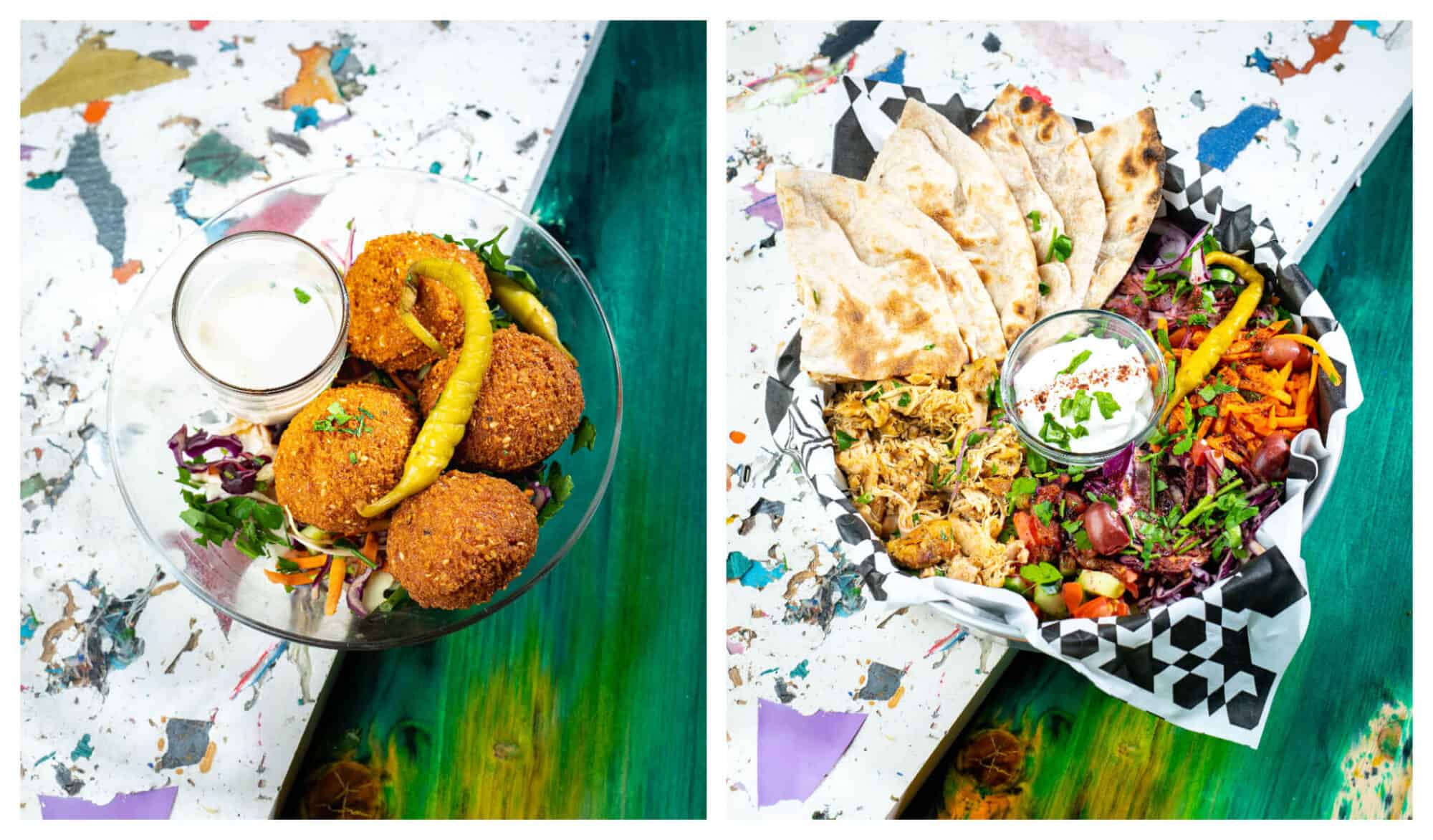 Left: A bowl with 4 falafels and a white dip. Right: a bowl of middle eastern food with colorful salad, pita bread, chicken, and a white garlic dip in the center.